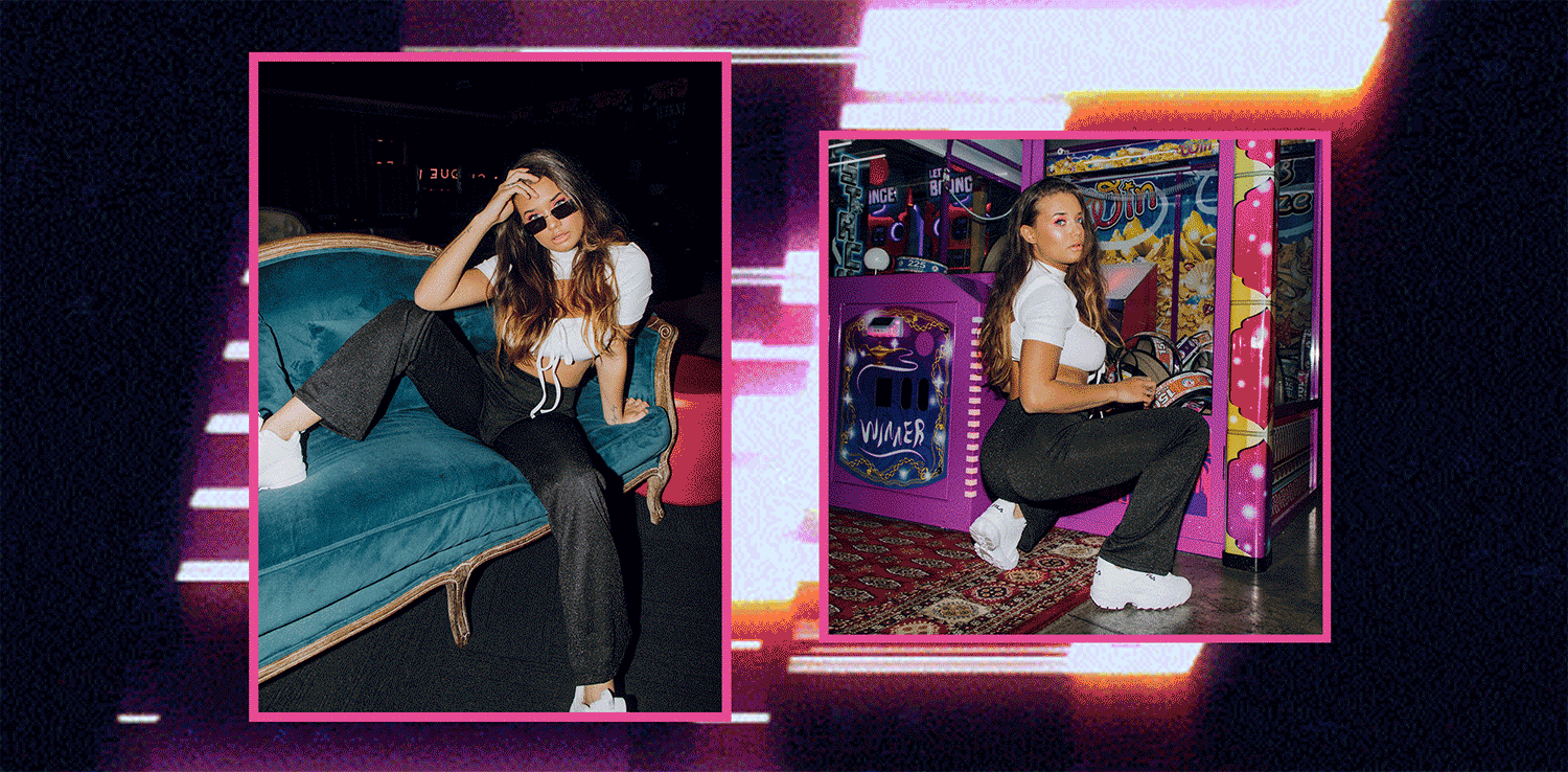 Bella wears Jolt Top , Disco Girl Pants , FILA Disruptor Li Sneakers and Diablo Sunglasses