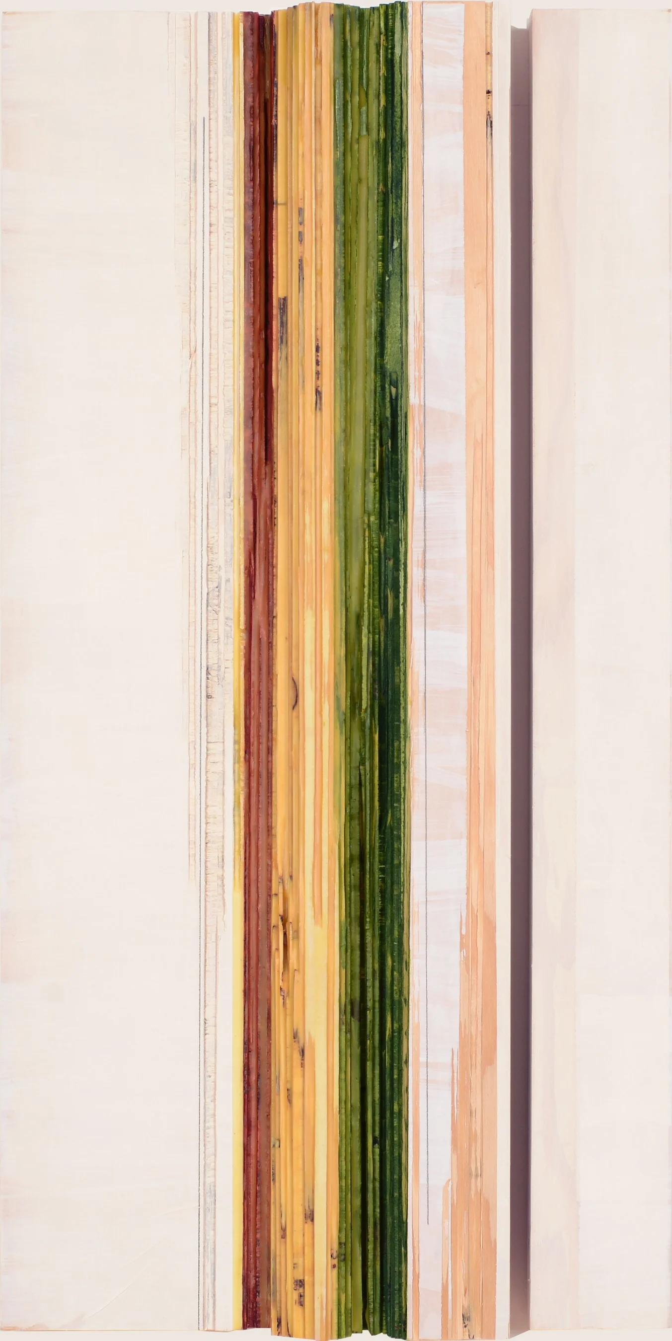 Melissa Kretschmer. Riparian , 2016, vellum, gesso, gouache, flashe, beeswax, pencil, plywood, 23 3/4 x 12 1/4 x 2 inches