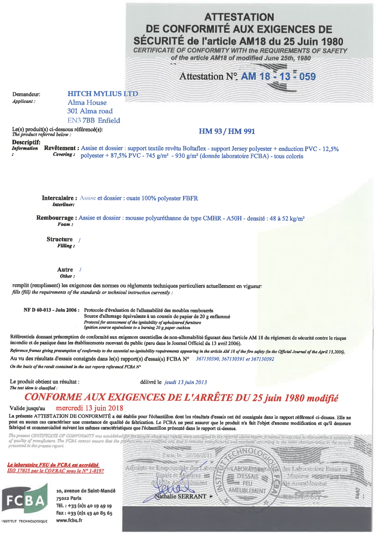 Certificat AM18 hm93&991 Boltaflex