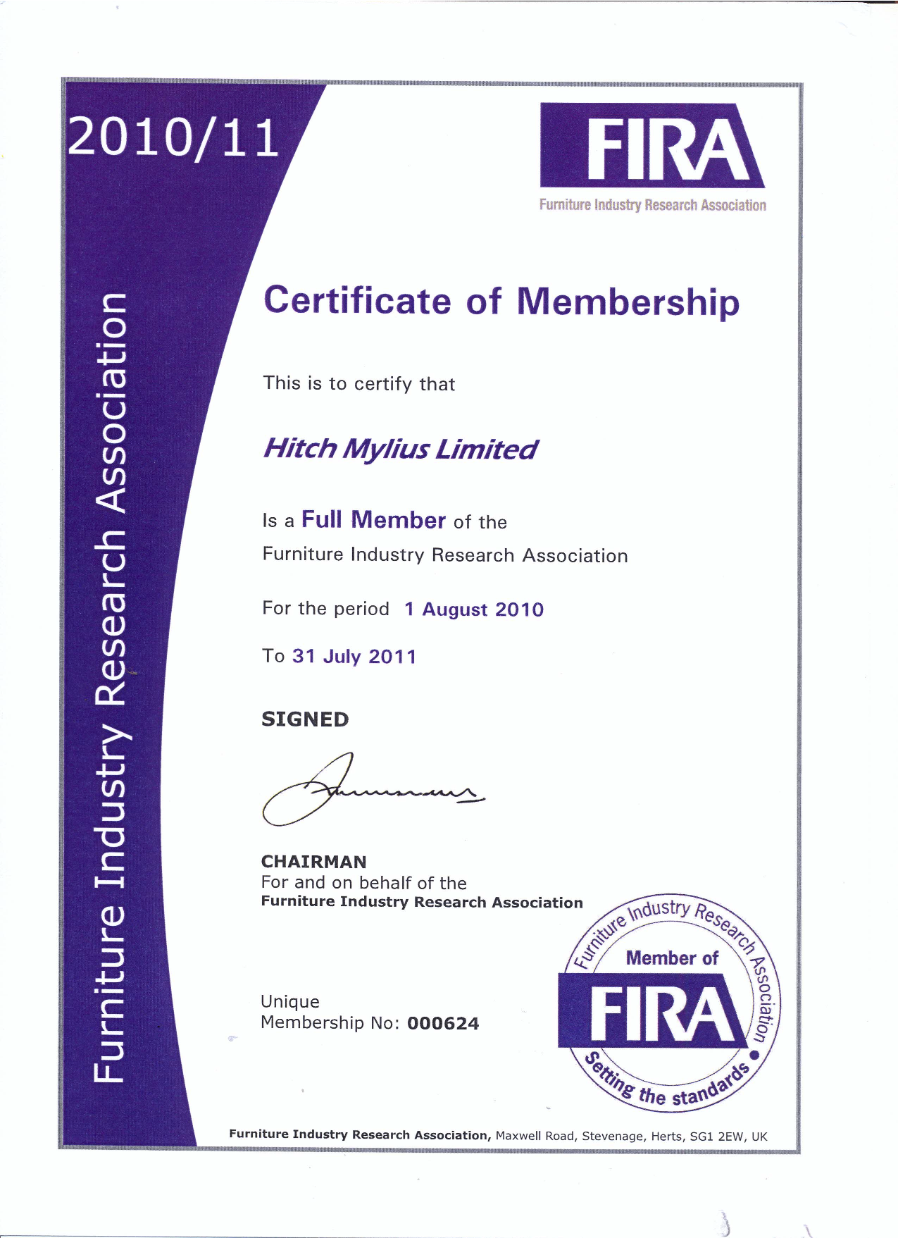 FIRA Membership Certificate 2010-2011