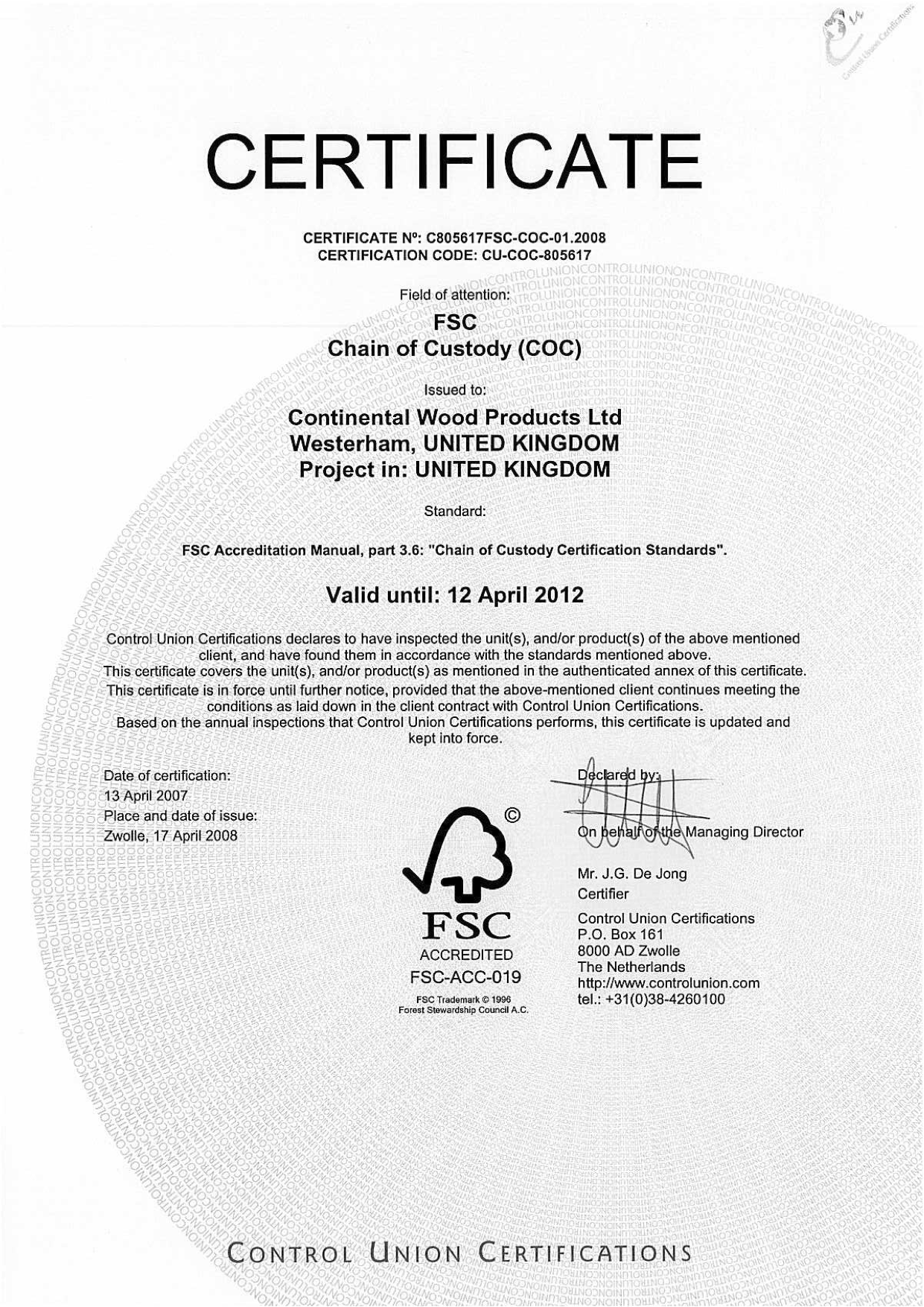 FSC certificate relating to wood used in HM frames 2008-2012