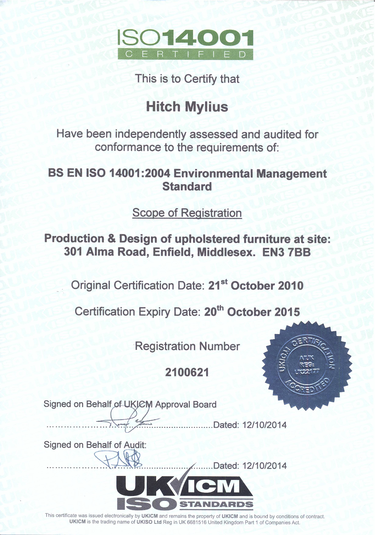 ISO14001 certificate 2014-2015