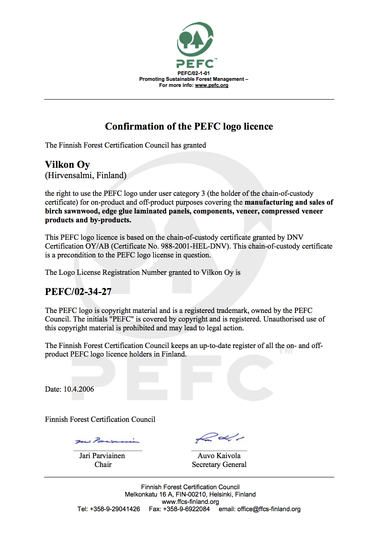 PEFC Certificat Vilkon