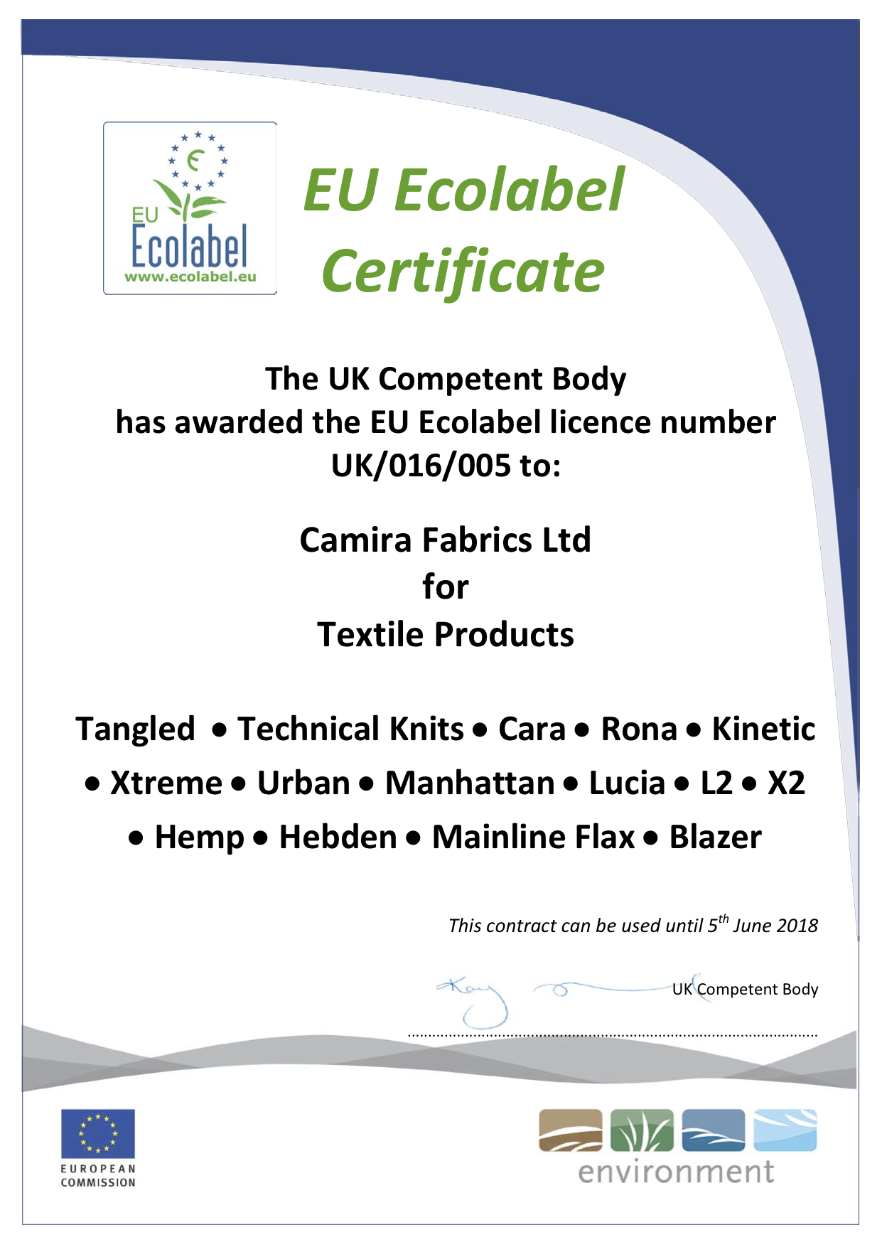 Camira Fabrics - EU Ecolabel Certificate - July 2015 