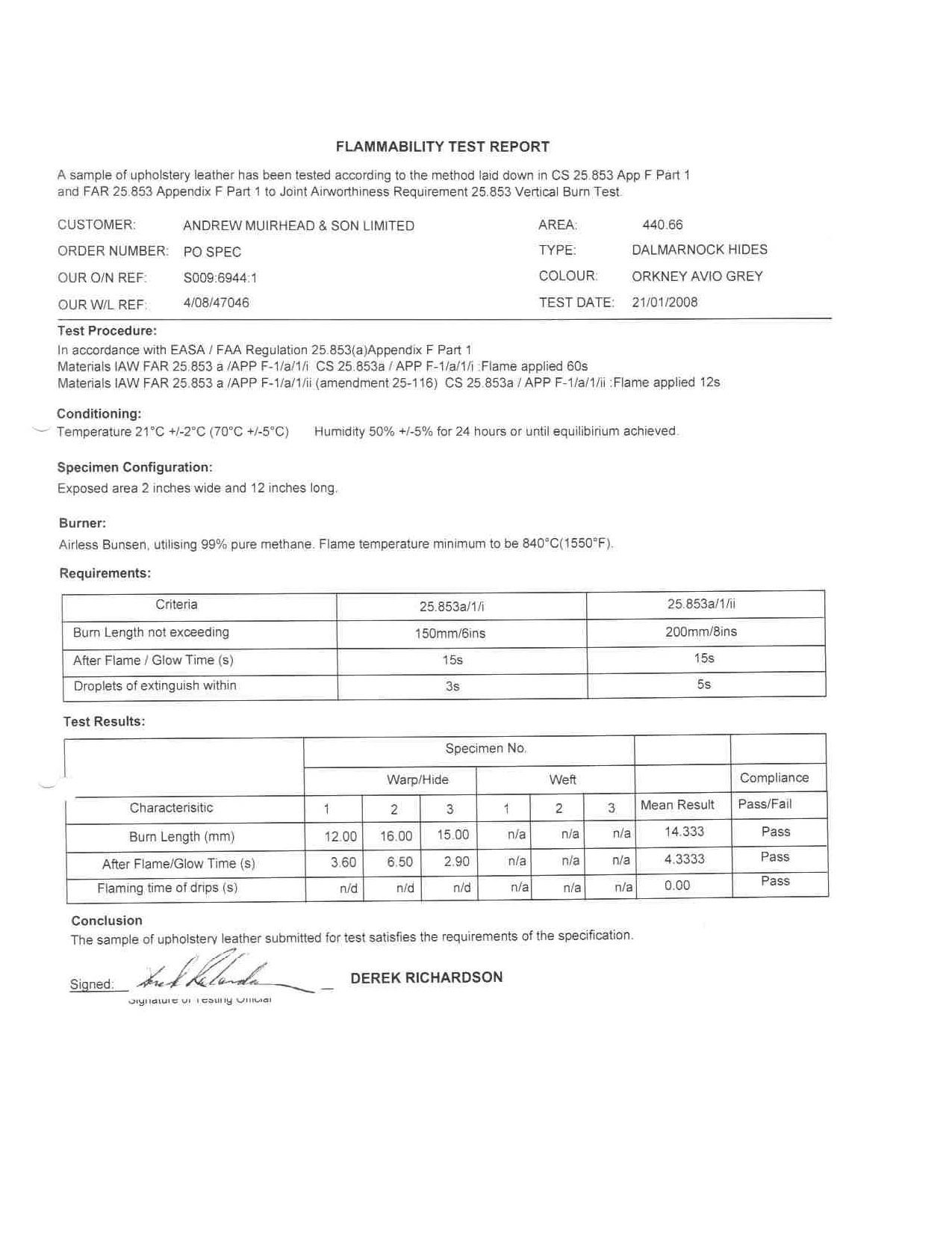 Flammability test report