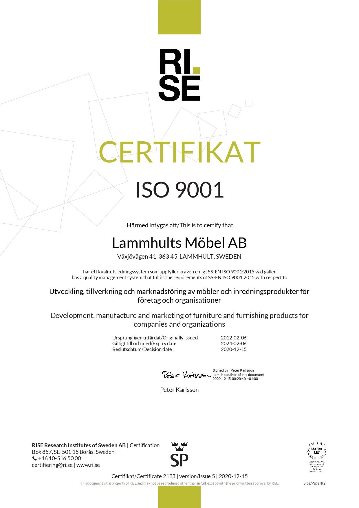 Lammhults certificat Iso9001