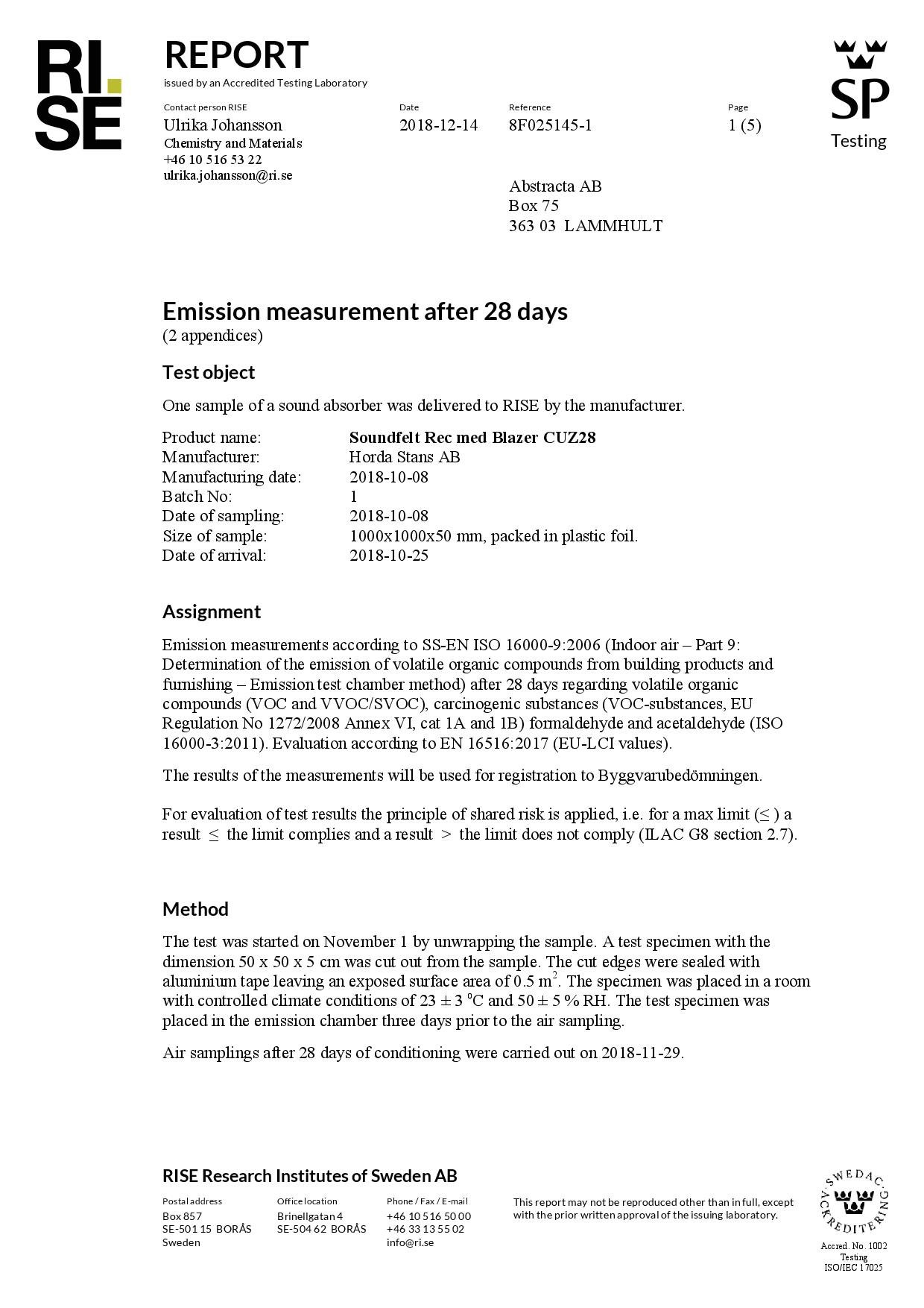Emission Measurement Soundfelt ISO 16000-9