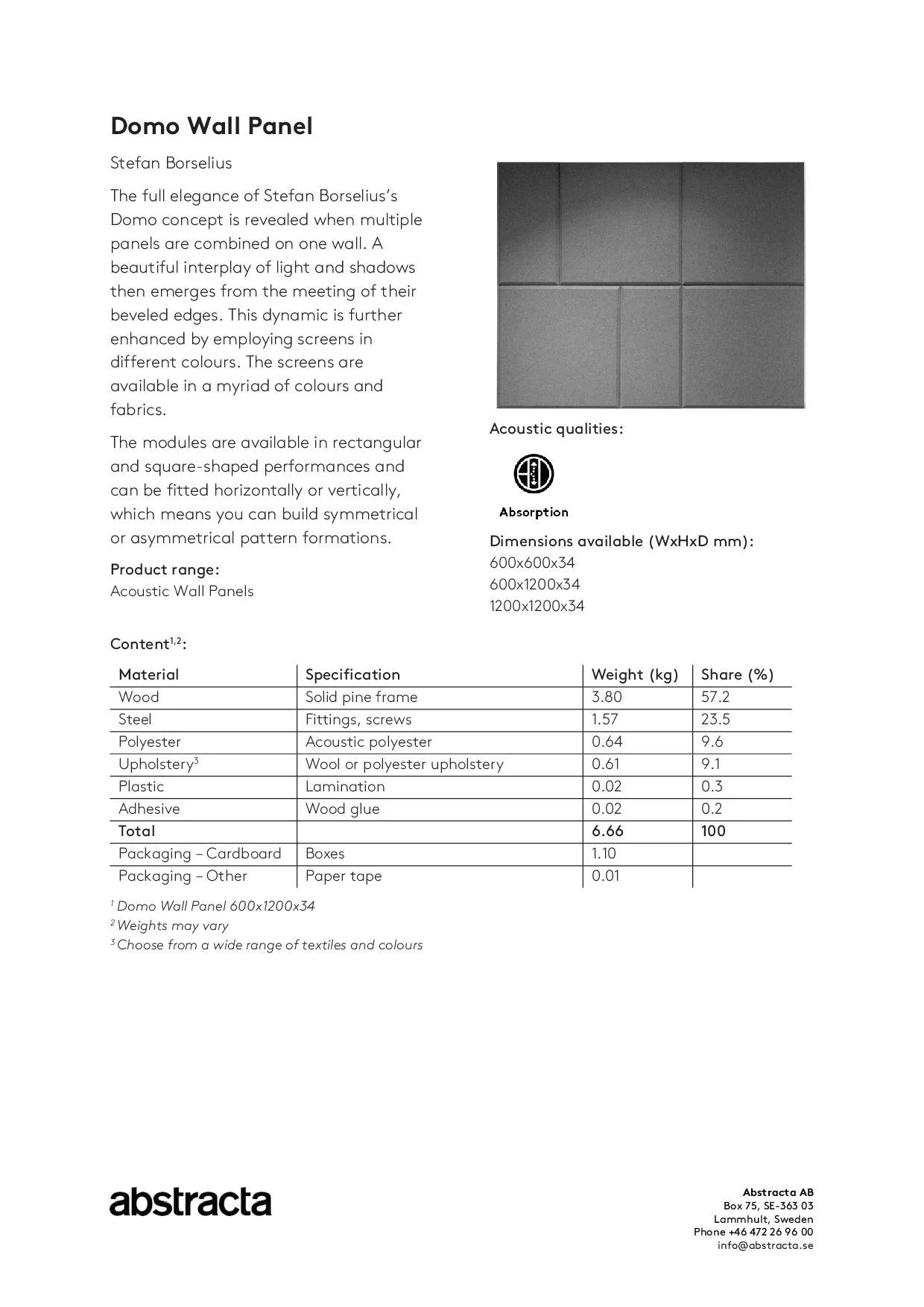 Domo Wall technical data sheet