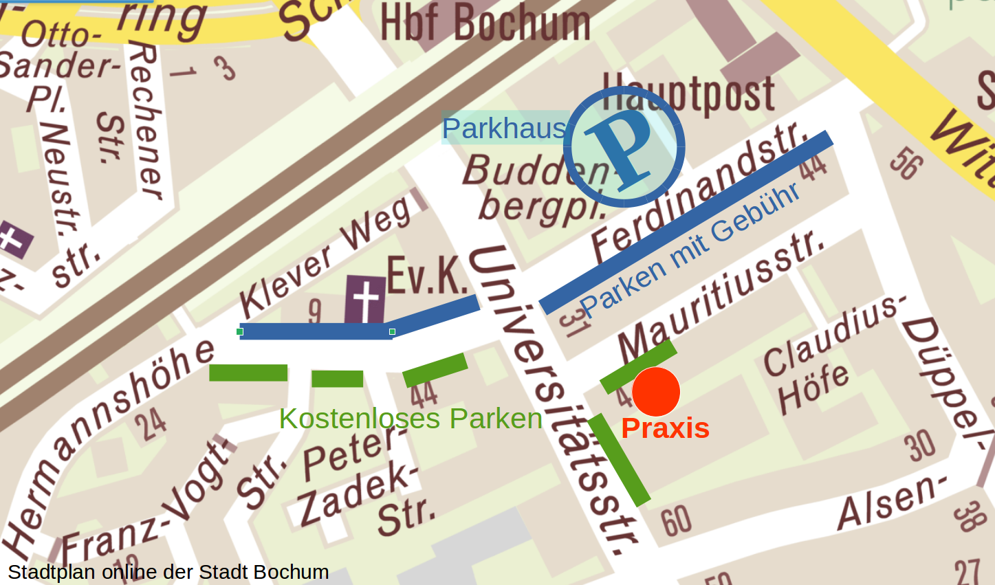 Parkplätze an der Praxis Mauritiusstraße 4a in Bochum - zum Vergrößern anklicken