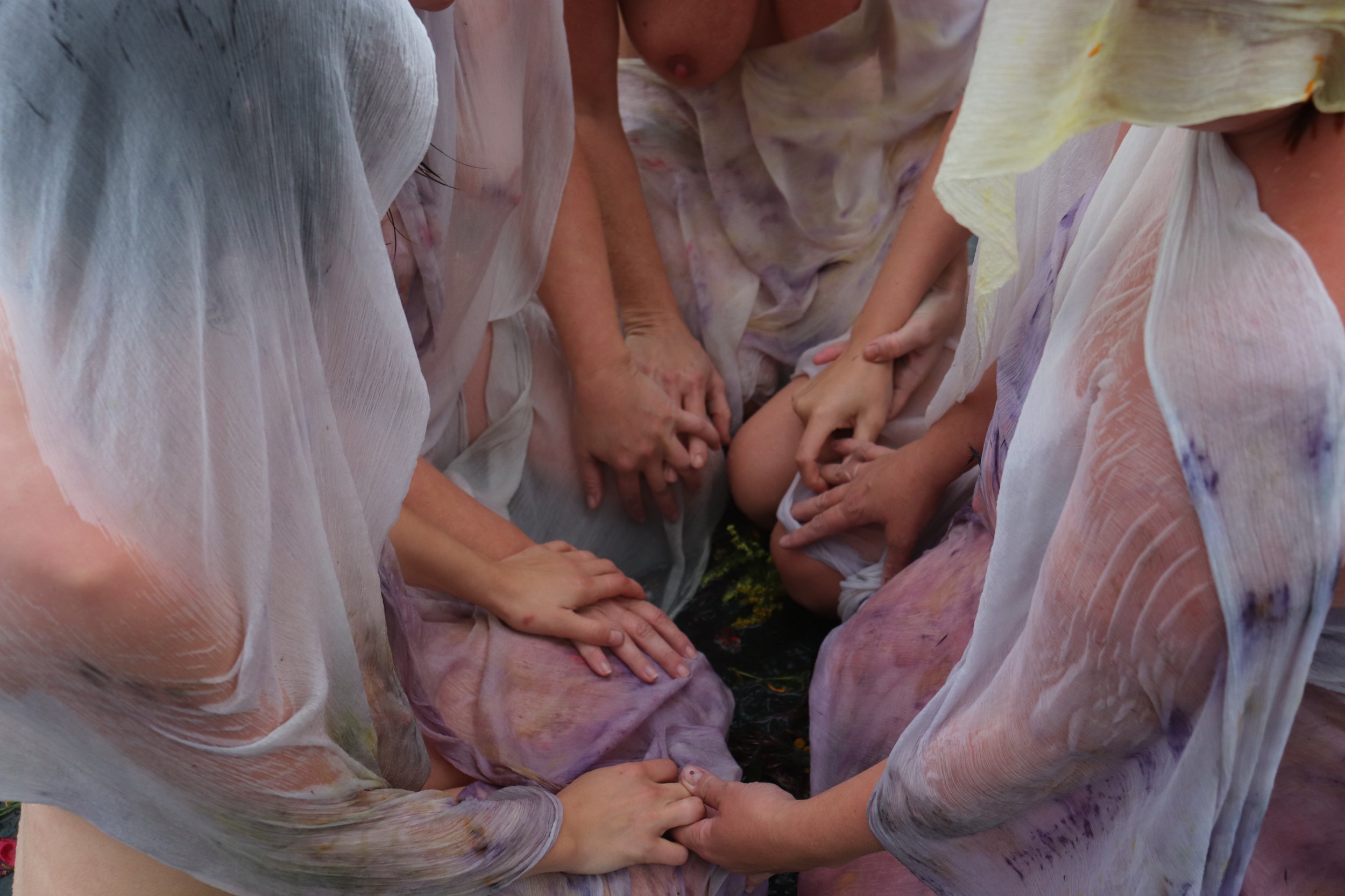 2020 // HUDRØRT en ceremoni / 15 meter silke bundet som en navlestreng og dampet med lokalt sankede blomster i en ceremoniel handling og fejring af den vilde oprindelige kvinde. Urter og planter var blandt andet: Tagrør / Rejnfang / Cosmos / Alcea R