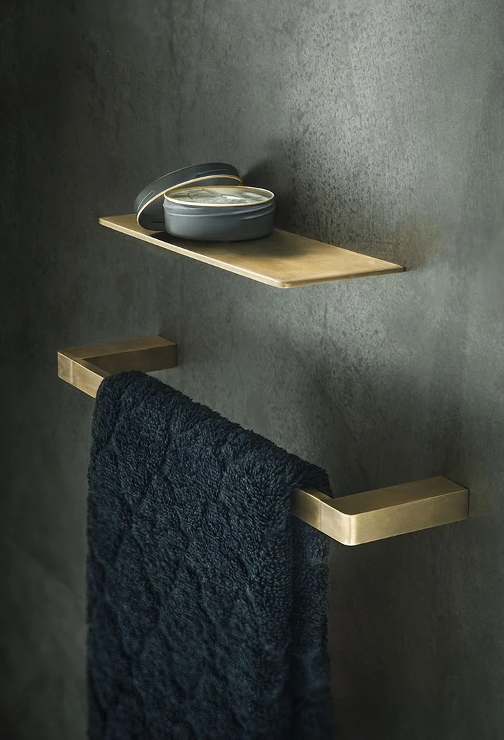 Eon Hand Towel Rail and Shelf in Burnished Brass. 