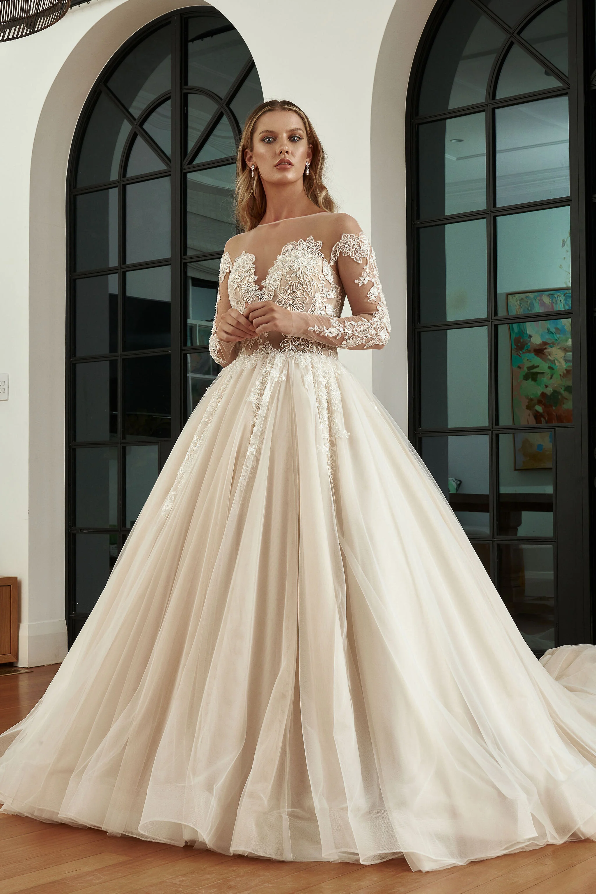 princess polly baby blue dress Gorgeous Lace Long Sleeve Beads Ball Gown Wedding Dress – BMBRIDAL main image 1