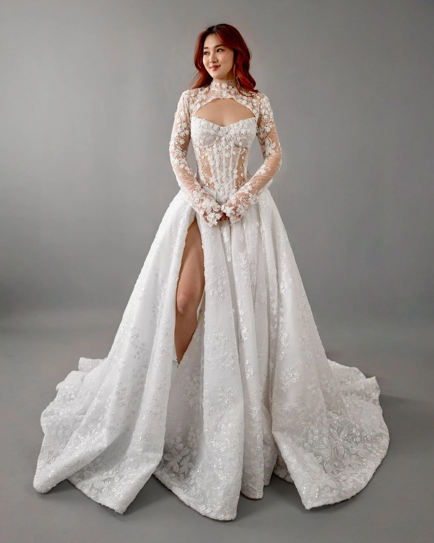 L I L Y 🤍

Here&rsquo;s a little sneak peek 👀 of one of our brand new designs! She&rsquo;s got a sparkly beaded bodice, dreamy lace bolero, and that bold thigh split for a little extra wow 💫 

Swipe left to see her without the bolero for a second 