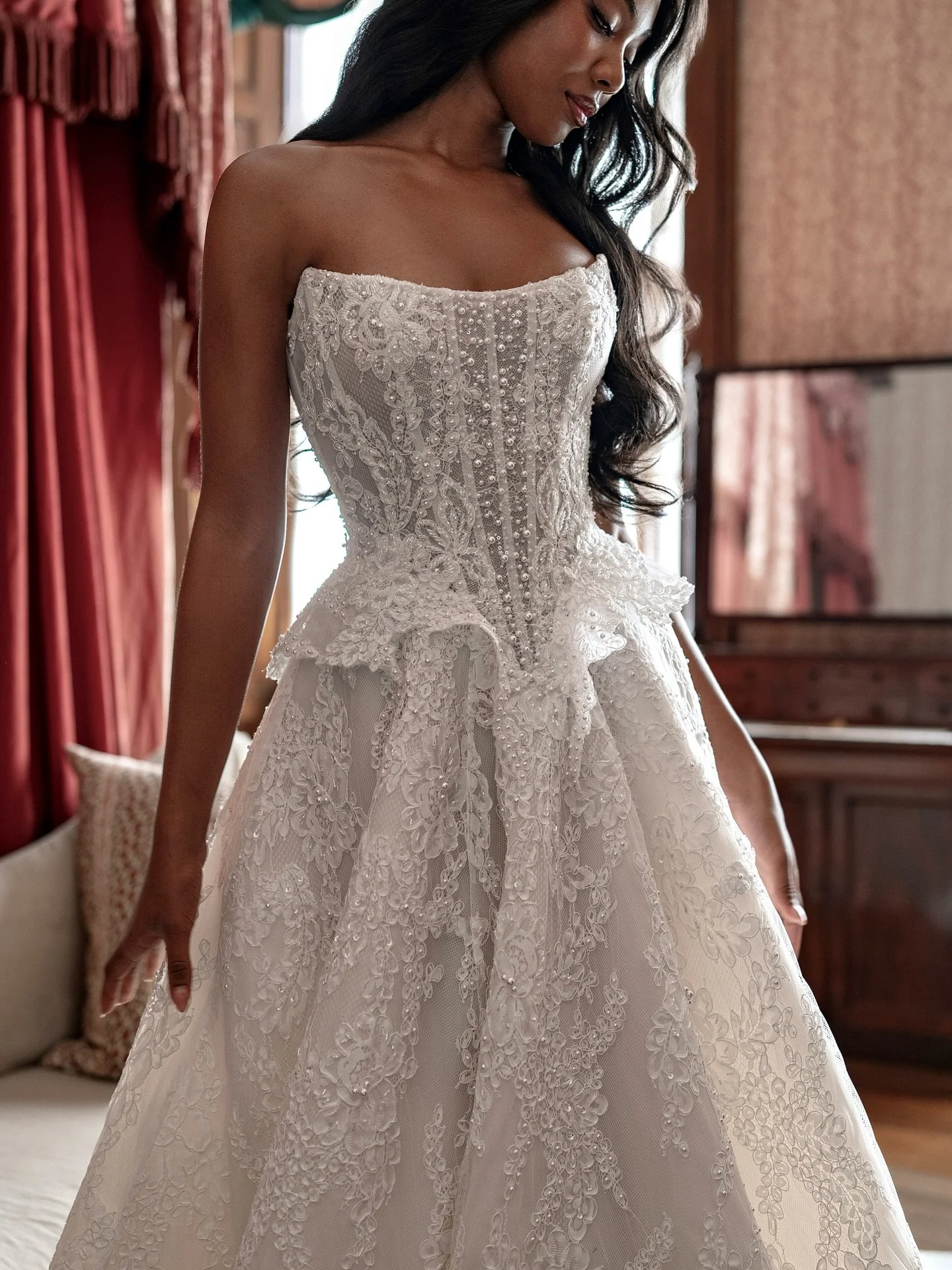 S O P H I A &mdash; where timeless lace meets modern couture ✨

A strapless masterpiece with intricate embroidery, subtle sparkle, and a sculpted corset that defines every curve. 

Her detachable peplums add that couture edge &mdash; dramatic or clas