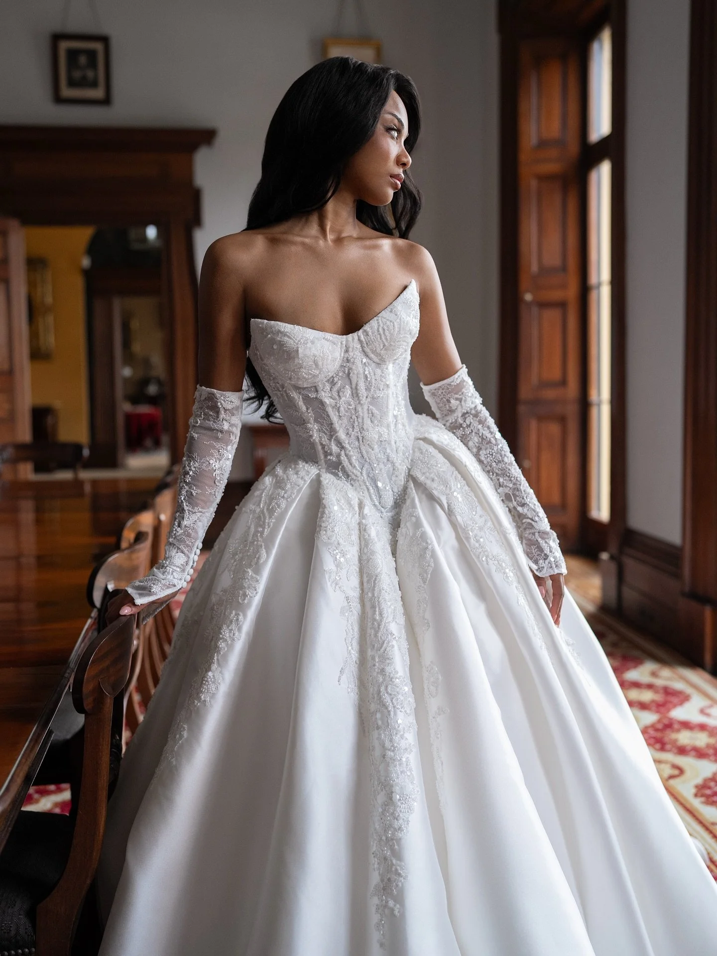 Meet C O S E T T E ✨ 

The embodiment of regal glamour &mdash; sculpted in luminous Mikado that commands the room. Her basque waist and beaded corset flow into a voluminous skirt made for a queen. 

Paired with detachable lace sleeves, she&rsquo;s po