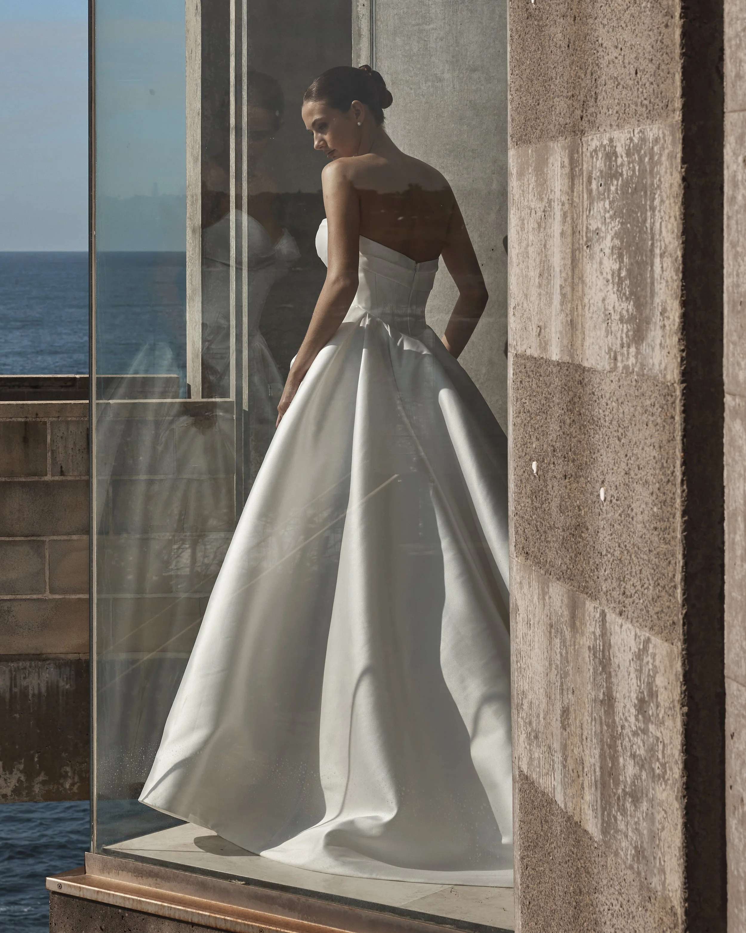 open lace back dress Mona : A pleated taffeta wedding dress with removable puff sleeves – Aesling main image 1