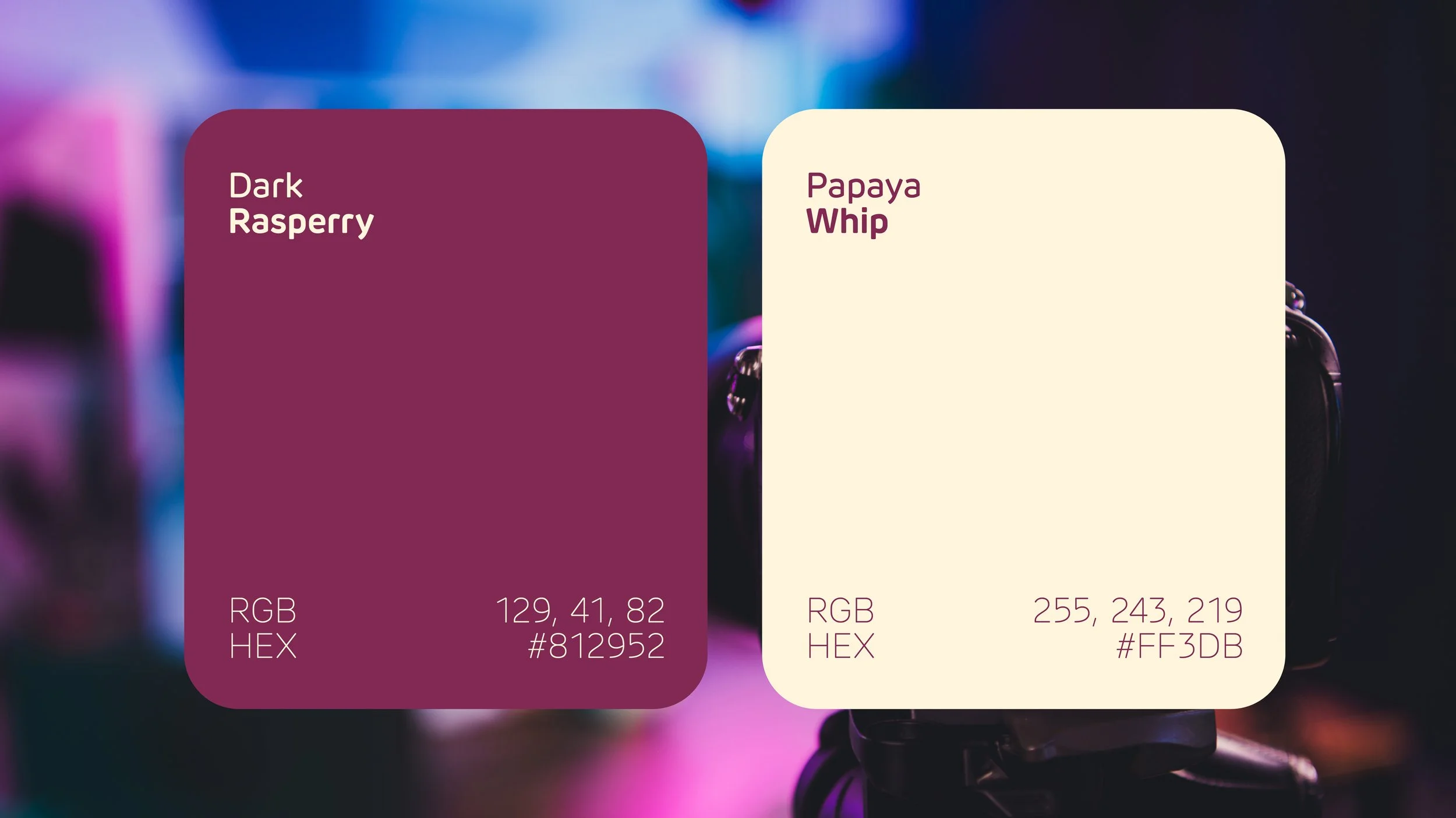 Color palette featuring Dark Raspberry and Papaya Whip with their RGB and HEX values displayed.