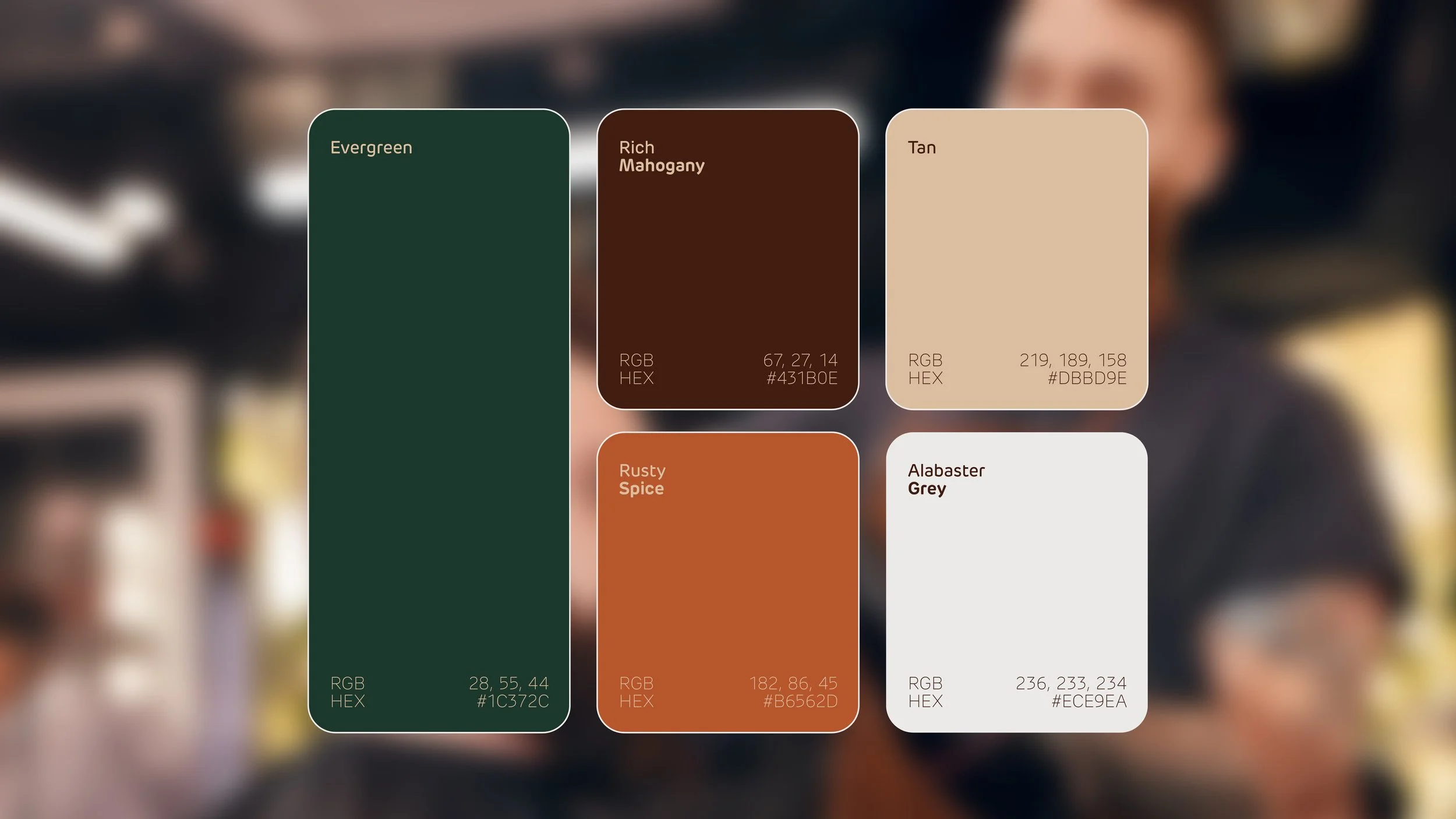 Color palette showcasing six colors with name, RGB, and HEX values: Evergreen, Rich Mahogany, Tan, Rusty Spice, and Alabaster Grey, over a blurred background of people in an indoor setting.