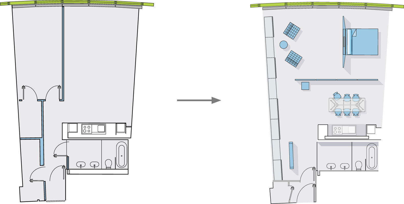 Before and after plans of the apartment whereby the original fixed walls are all removed and replacied by flexible moving systems. 