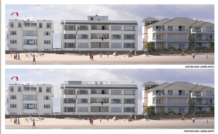 Montage of the before and after views from Sandbanks Beach showing that the height of the new roof development is still lower than the existing central lift core and creates a more elegant top to the art-deco building .