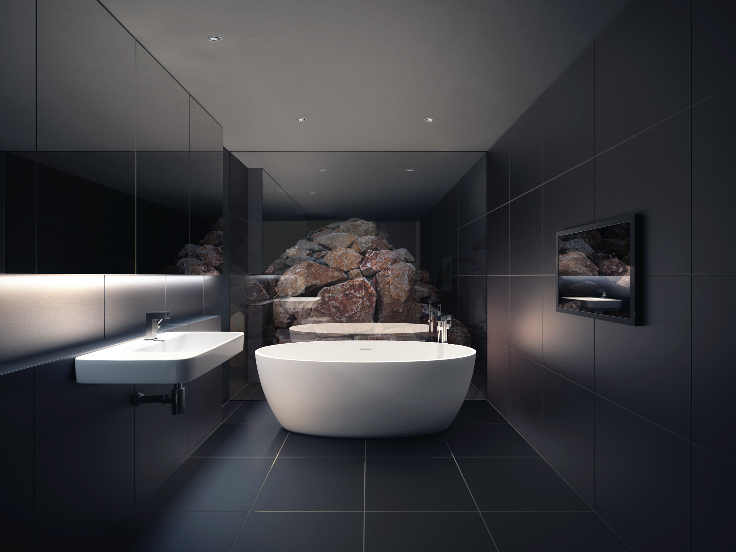 All black bathroom in basement with full width glass end wall looking into un excavated rock cavern.