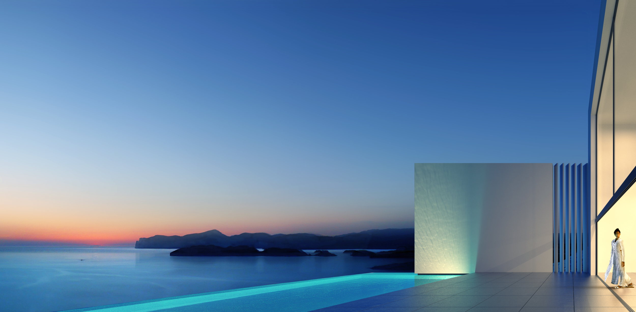 West facing main terrace at sunset overlooking the Malgrat islands . Screen wall on North side extends into inifnity pool to create complete privacy.