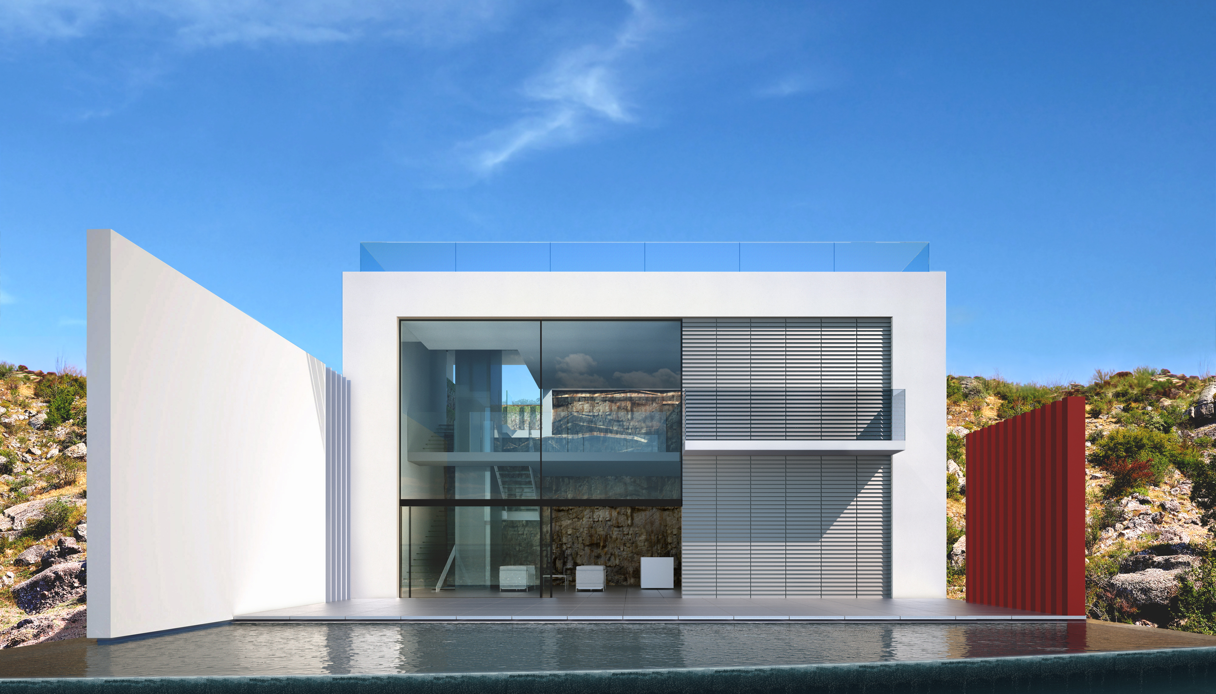 West elevation across the infinity swimming pool showing the double height living space with two large sliding doors and a screen of red fins at the south side of the terrace.