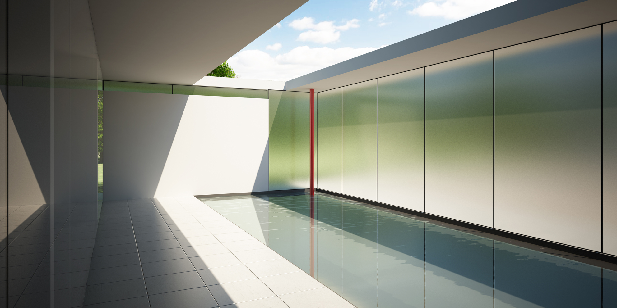 On the arrival courtyard side there is a space reminiscent of the pool at the rear of the Barcelona Pavilion onto which further rooms open up. Here the pool is surrounded by translucent glass walls.