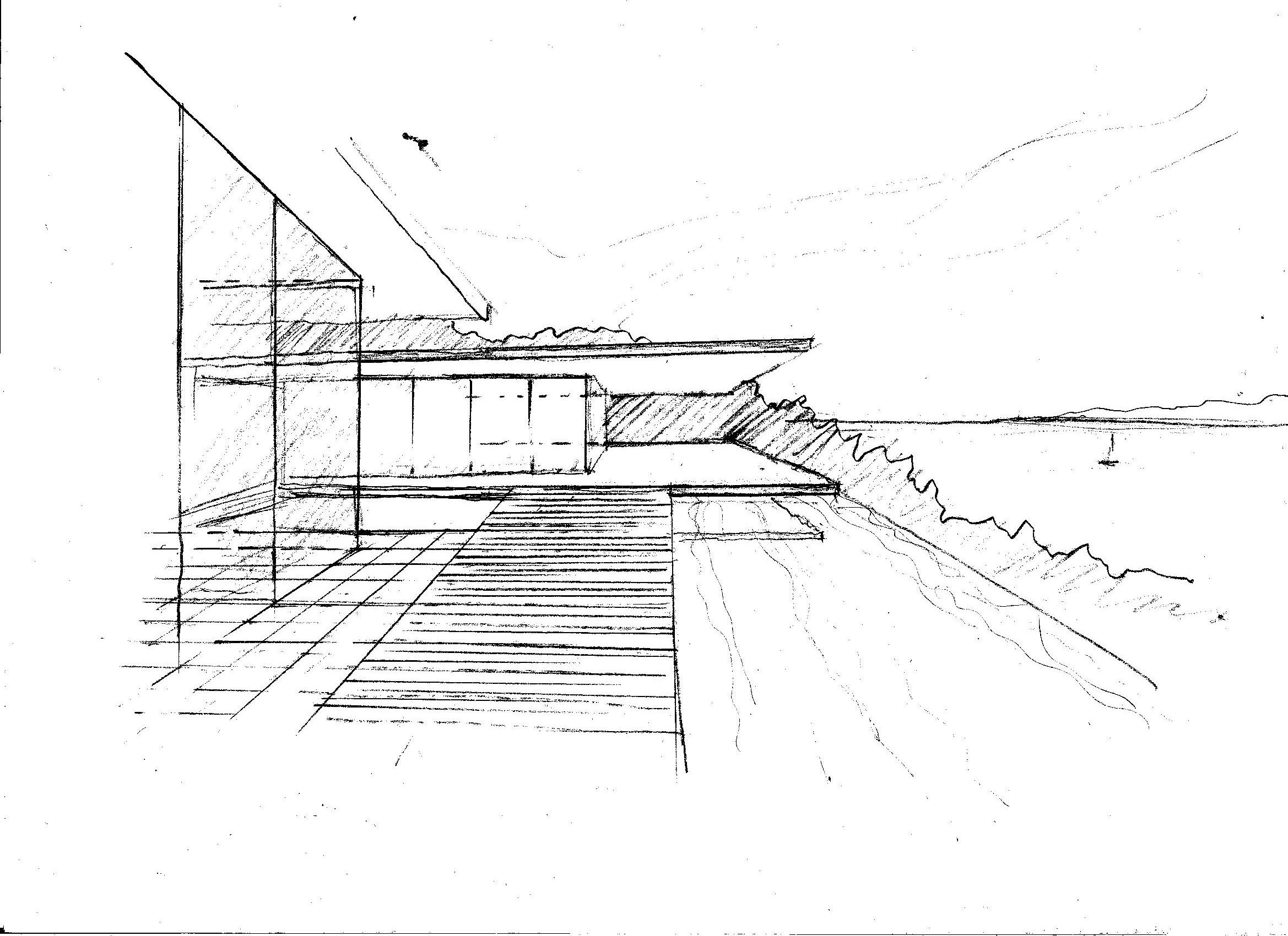 An early development sketch of the vtwin pavilion concept for a cliff side setting.