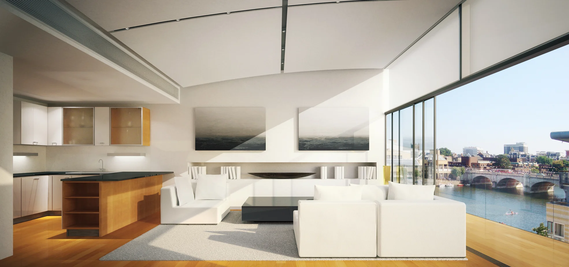  Prposed interior redesign of penthouse Apartment 34 at Marina PLace with views over KIngston bridge. 
