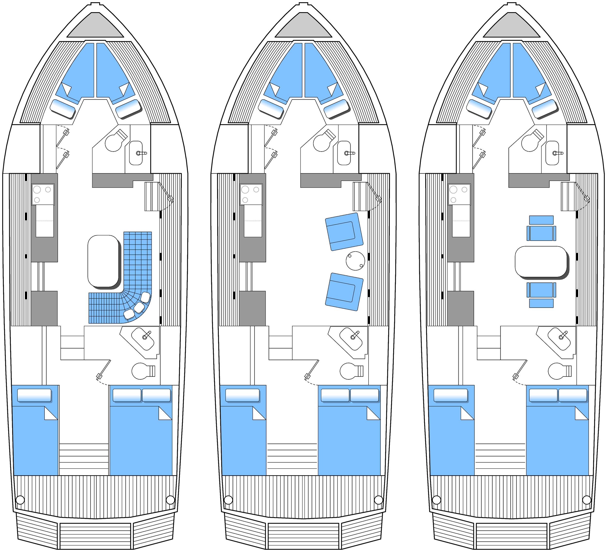 Plans of the Grand Banks showing original layout with fixed seating and alternatives layouts of the flexible arrangement with either armchairs or for dininmg.