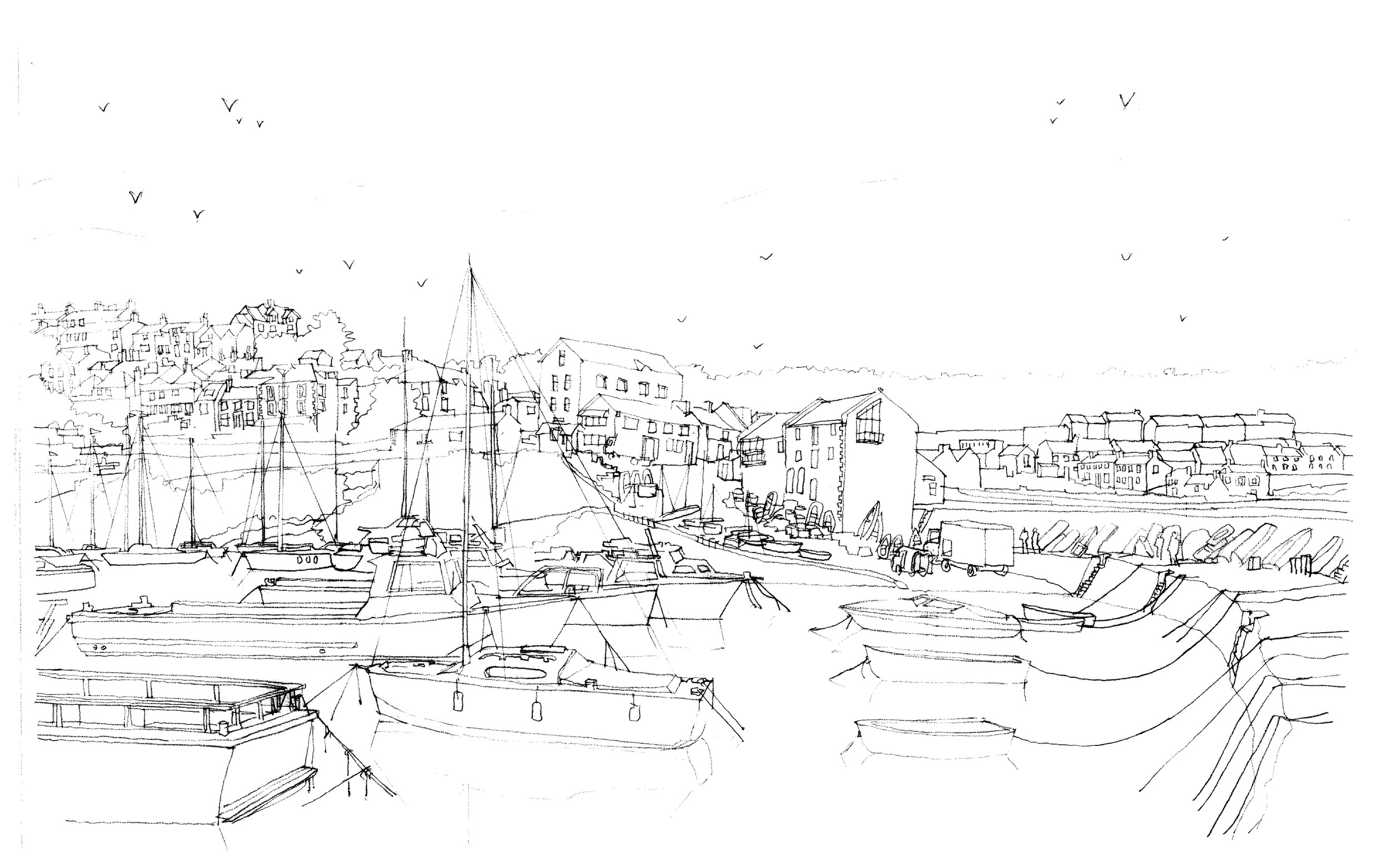 Sketch of New Quay harbour in West Wales