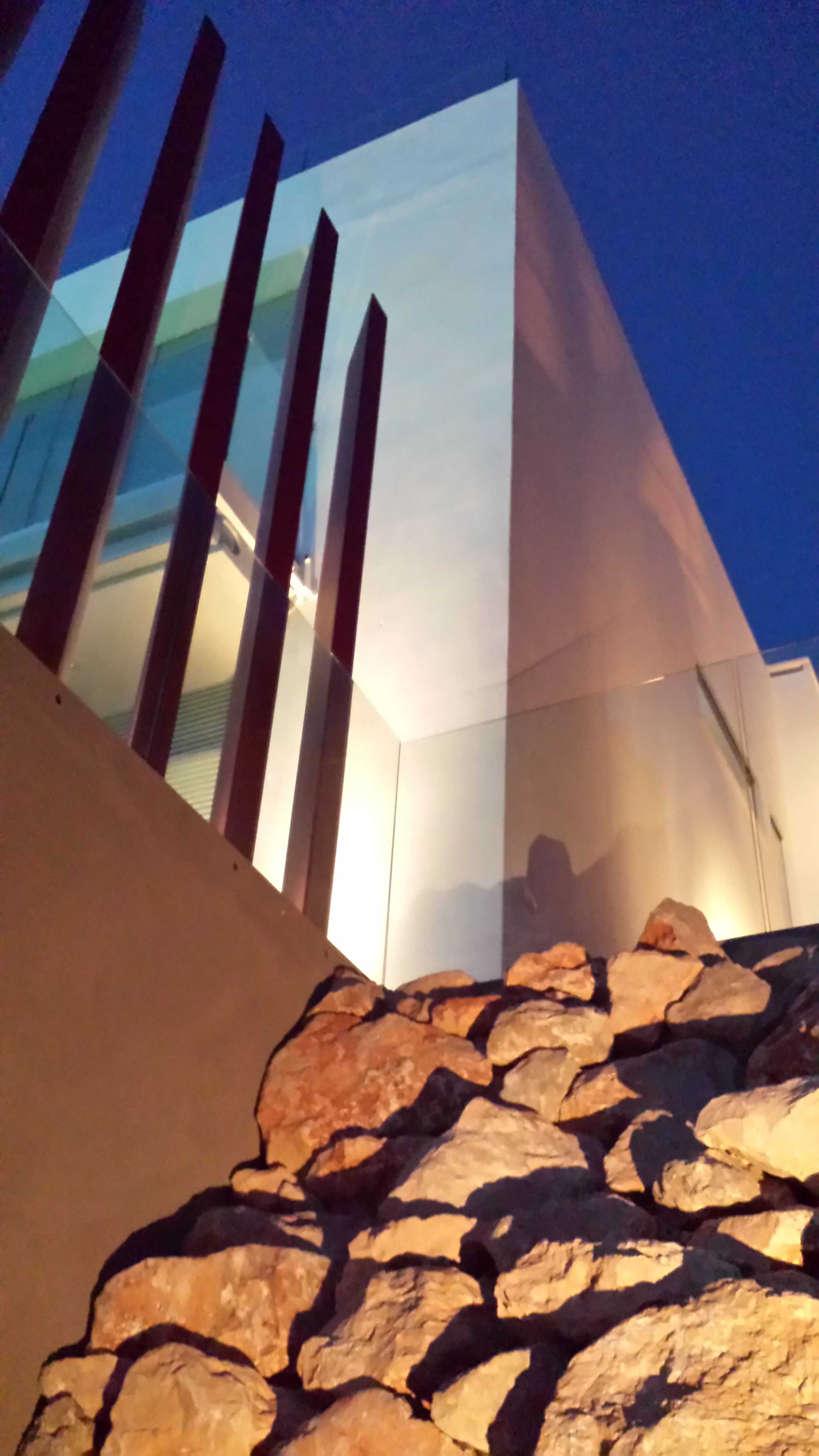 Red fins and rock landscaping at night on the south side of the house. .