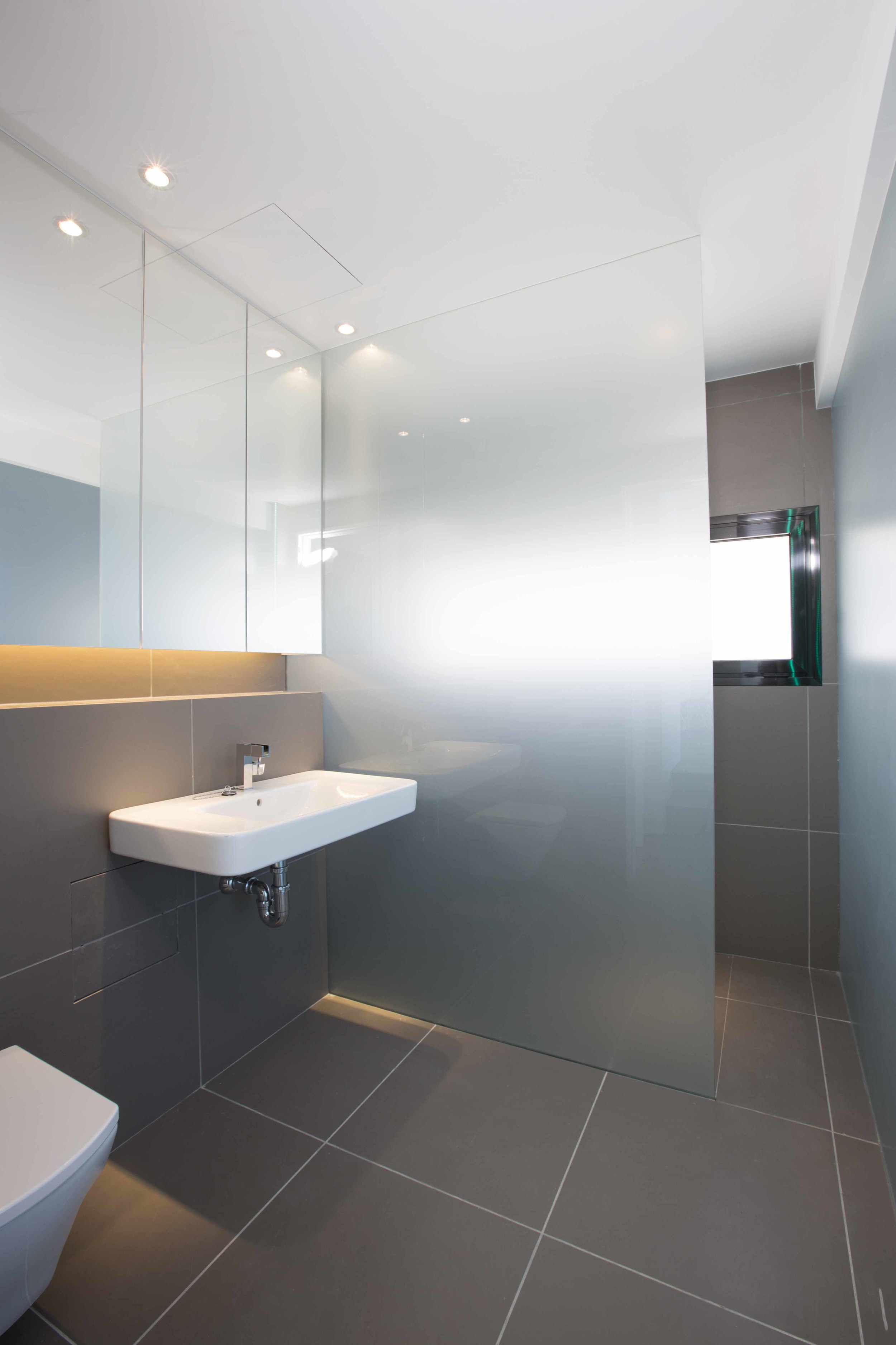 Bathroom with translucent glass walls to the shower and bedroom.
