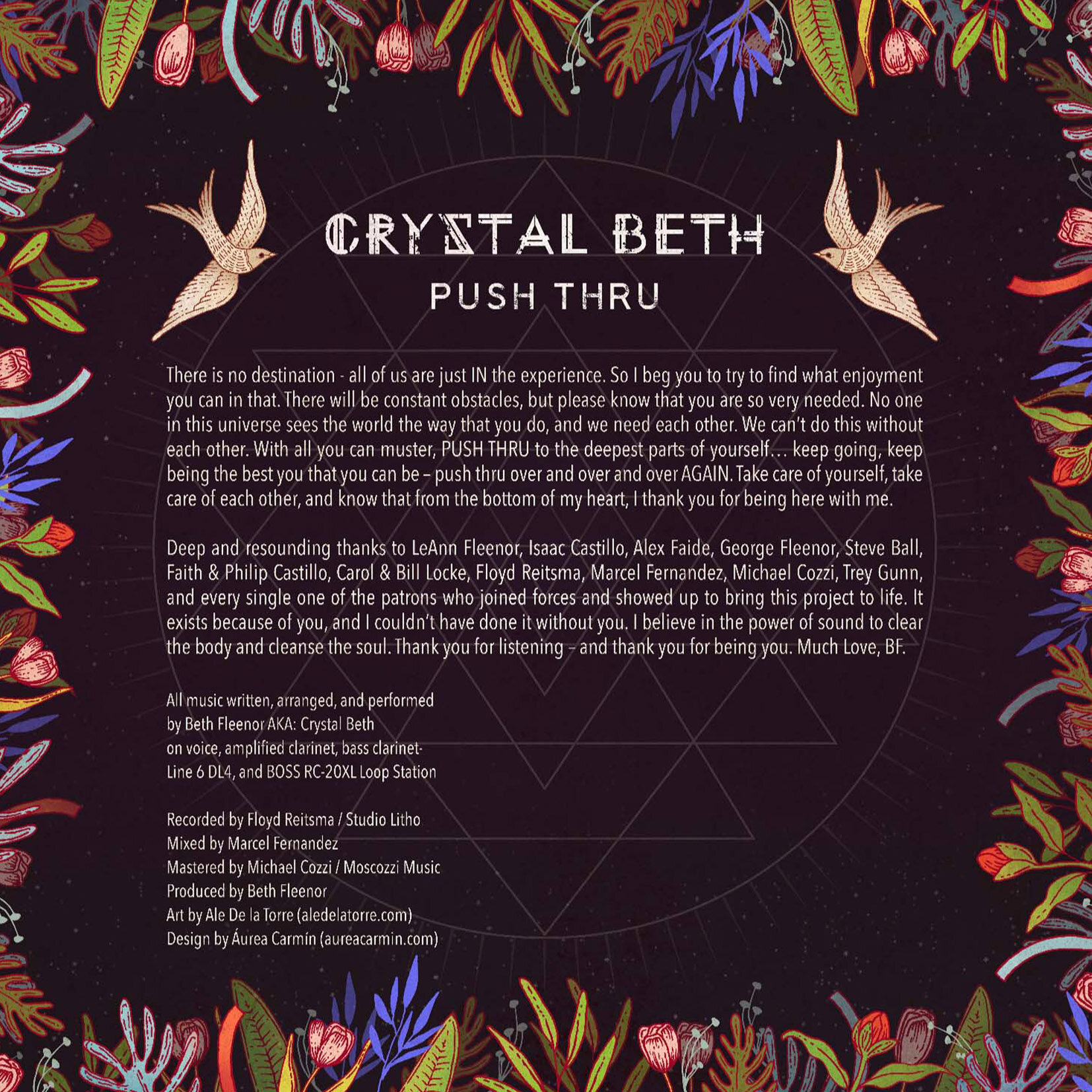  Art for Crystal Beth’s  Push Thru  album by Ale De la Torre. Album back cover art for CD and vinyl. 