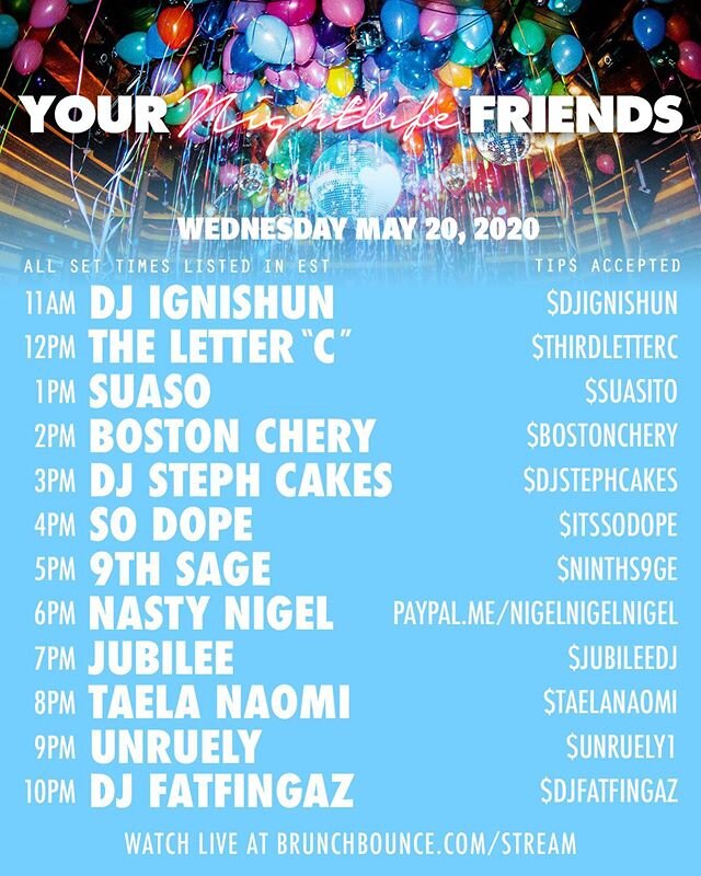 This Wednesday I&rsquo;ll be playing in a super dope lineup for @brunchbounce on @twitch from 8-9pm!!!! 🎈🥰🥳 Can&rsquo;t wait time spread love!