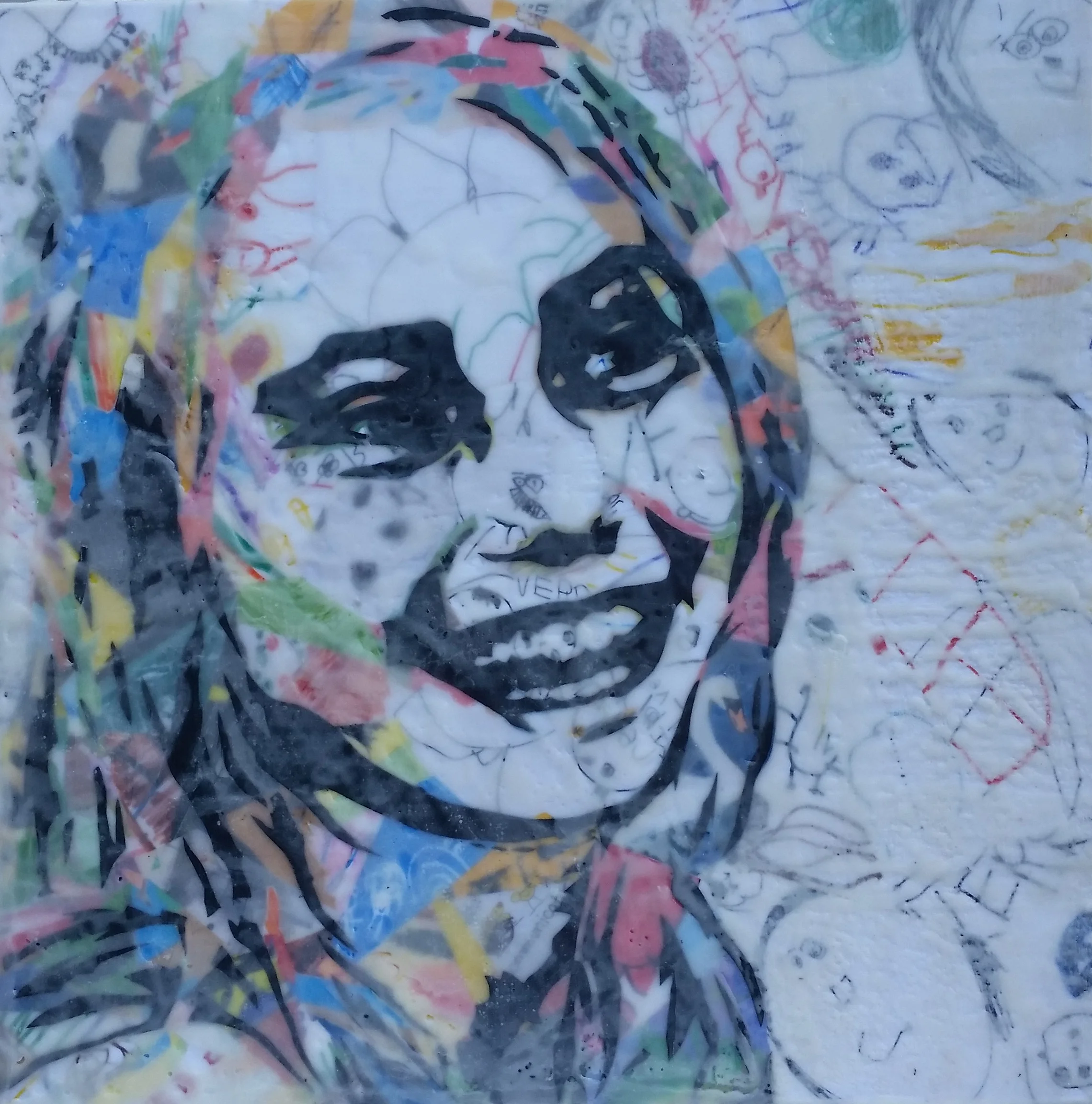 Mixed Media Encaustic Beeswax, details captured in hand-dyed silk. 18x18 in. child's artwork, school memories, samples of handwriting