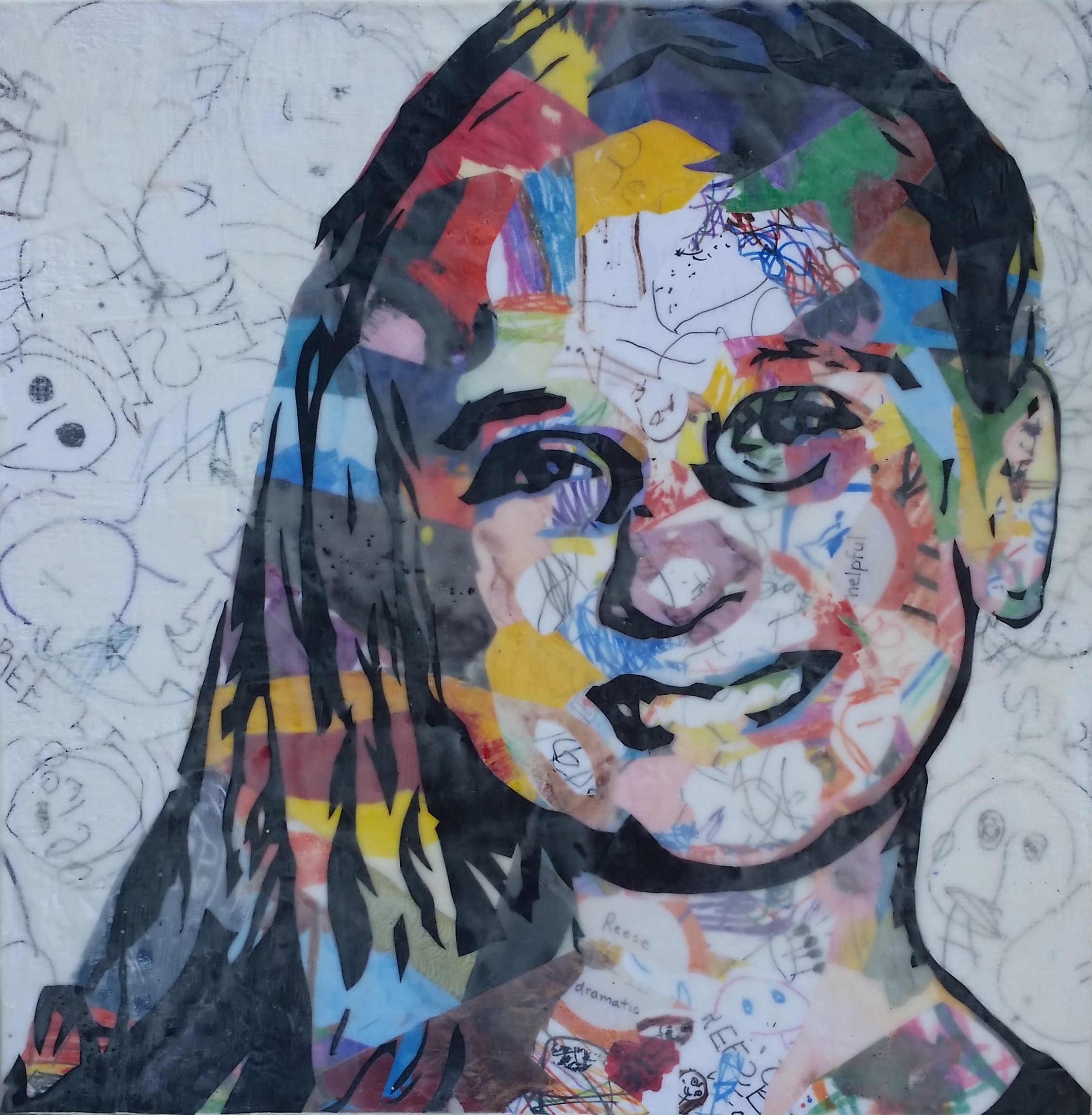 Mixed Media Encaustic Beeswax, details captured in hand-dyed silk. 18x18 in. child's artwork, school memories, samples of handwriting