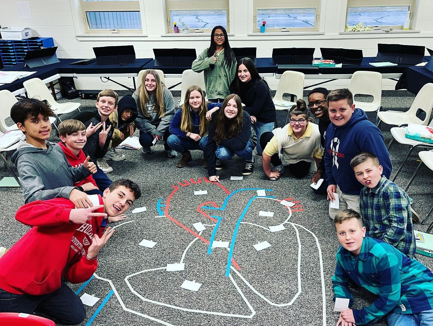 Our 6th-8th graders have been studying various systems of the body in science class. To learn more about the circulatory system the students labeled the large heart. Each student was assigned to be a hemoglobin, platelet, carbon dioxide, or oxygen. T