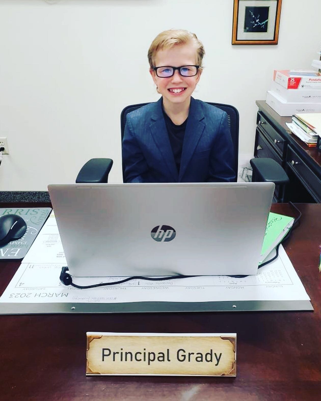 Principal for the Day, Grady, quickly became a student favorite, April 5, 2023, with one-day rules like, &quot;Comfy Dress&quot; and &quot;Prank Day.&quot; Watch out Mrs. Harris!  He may replace you!

#principalfortheday #kidsarethebest #learningisfu