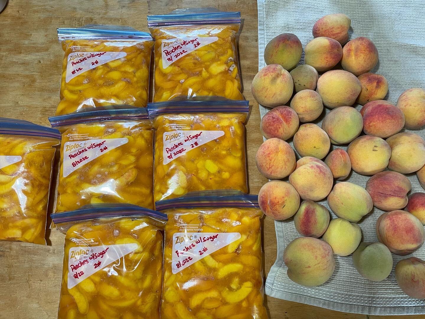 14# of our own farm peaches ready for the freezer, plus a few that still need to ripen. Saved a couple pounds in the fridge to make peach cobbler tonight too. What&rsquo;s your favorite summertime recipe? #farmgrown #freshpeaches #summerflavors #rain