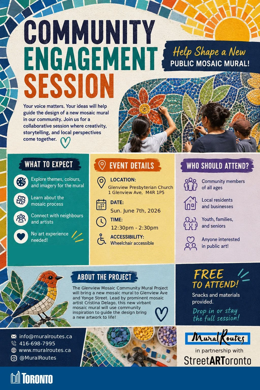 Community Engagement session. Your voice matters. Help shape a new public mosaic wall. Lead by prominent mosaic artist Christina Delago, this nw vibrant mosaic mural wall will use community inspiration to guide the design. info@muralroutes.ca
