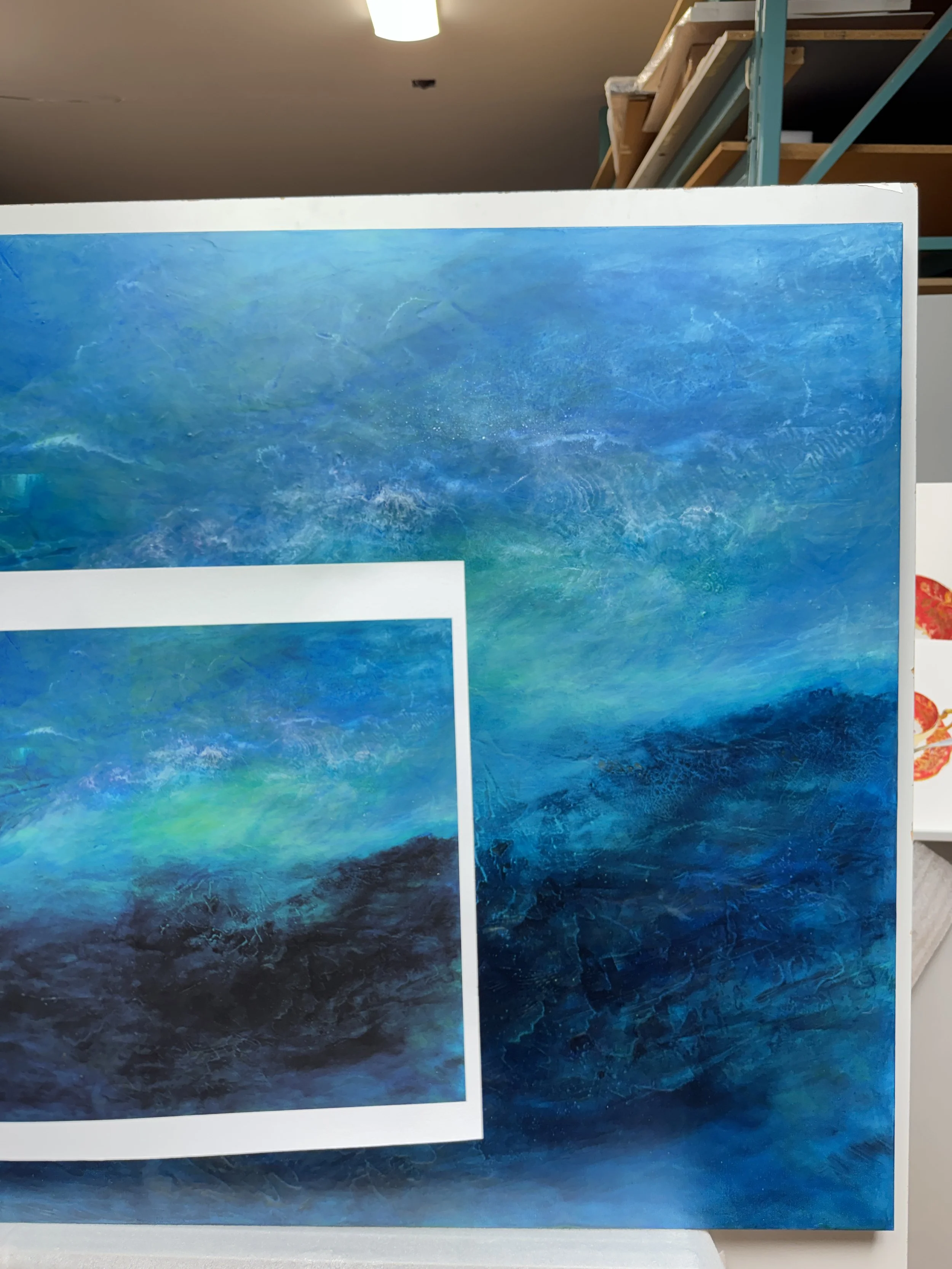 Comparison photo of Rayne Tunley watercolour original and giclee print on matte paper