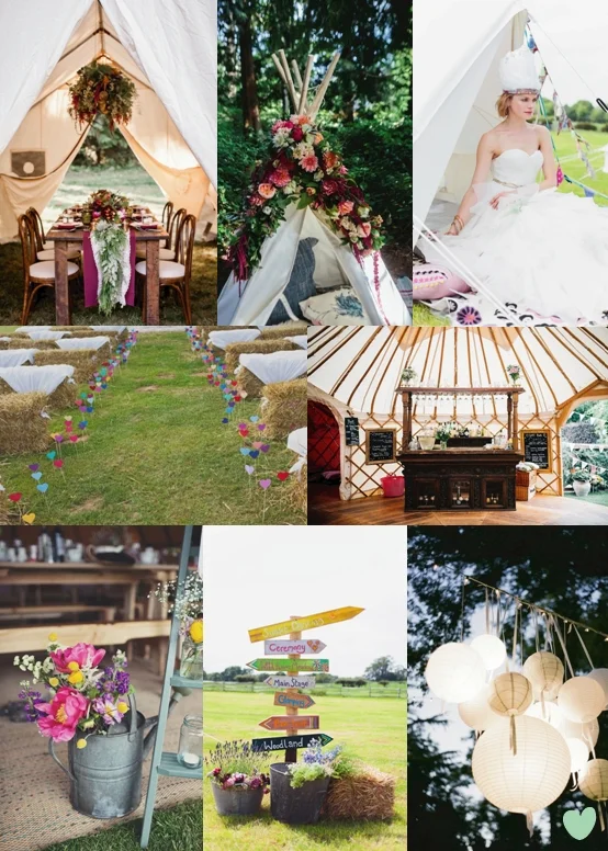 Wedding Dining Table in Canvas Tent – Via A Country Bridal Affair, Tipi Floral Arrangement – Via Glitter Guide, Glamping Bride and Glamping Wedding Sign – Via Festival Brides, Heart Decor Wedding Aisle and Hay Bale Seating – Via Rock My Wedding, Yurt Bar – Via Love My Dress, Galvanised Watering Can Floral Arrangement – Picture by Lisa Jane Photography , Paper Lanterns – Via Etsy