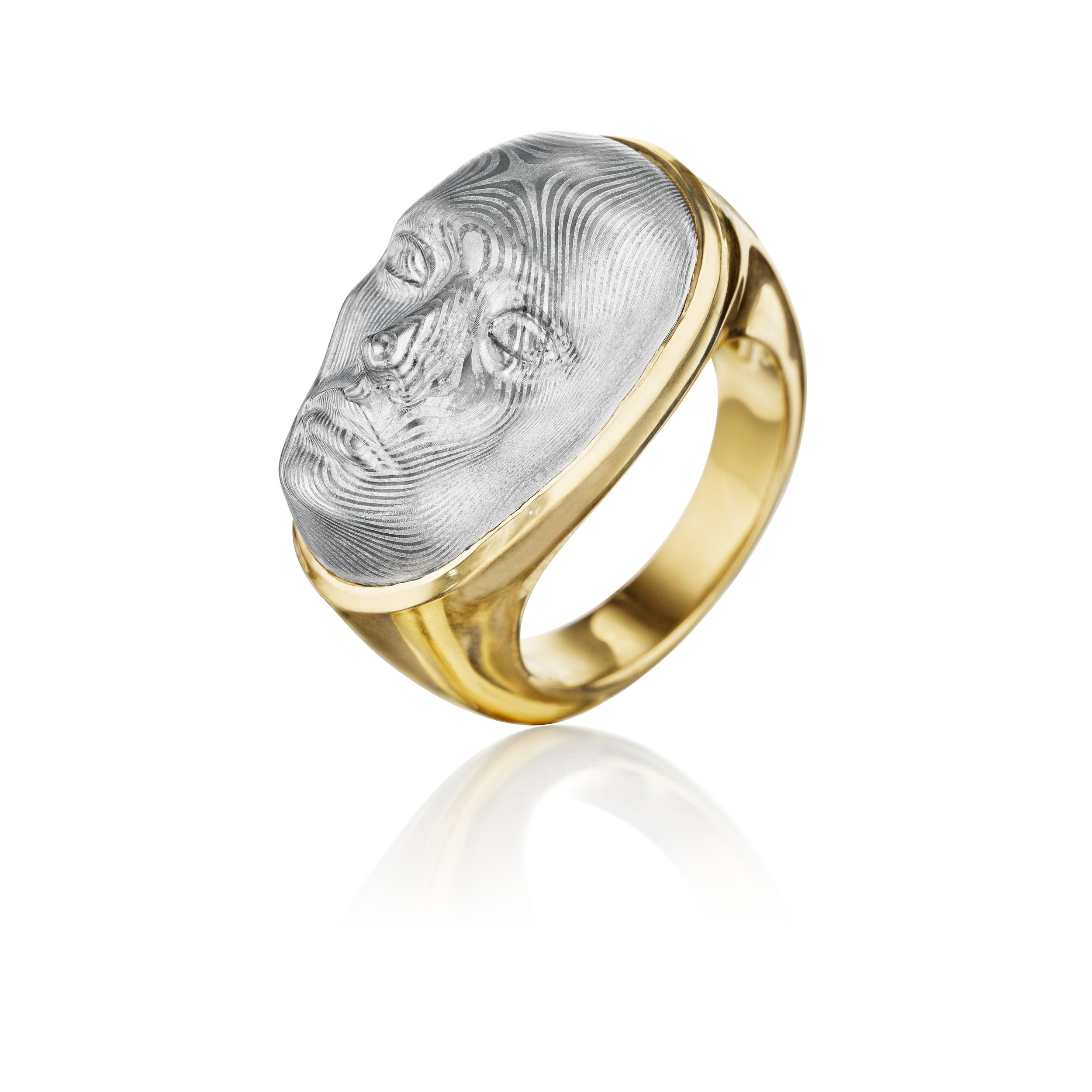 Gold Damascus Vulcana Ring with Diamond Eyes