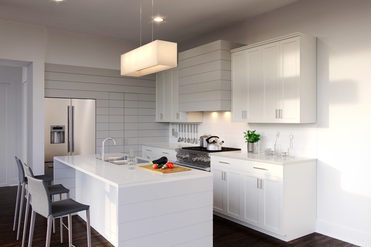 Custom cabinetry with shiplap accents and cesarstone counters for the ultimate in practical choices to get a light color stone. 