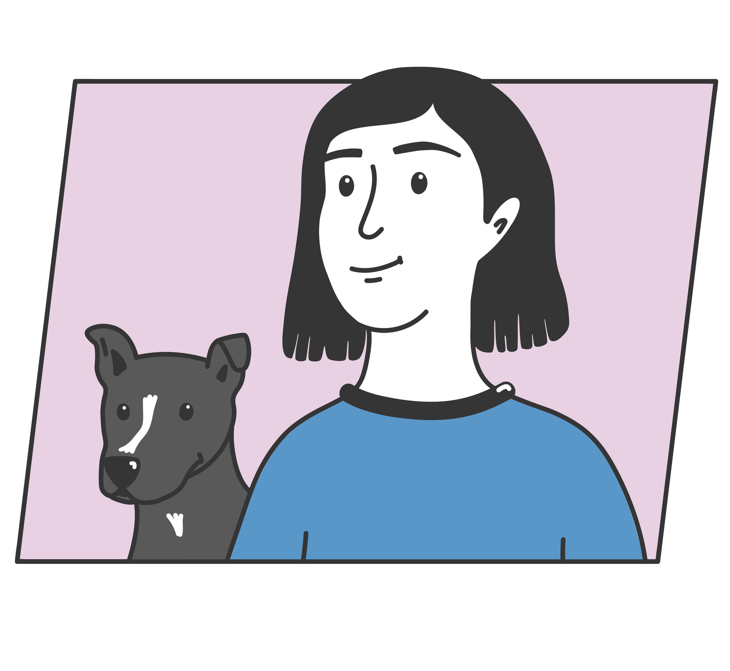 Simple illustration of Megan J Mayer in blue shirt with a black pitbull with white markings next to her.
