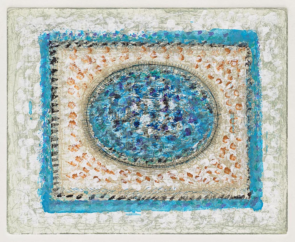 Geometric etching in bright blue with an oval in the center surrounded by a larger black and blue rectangle that is filled in sporadically with brown.