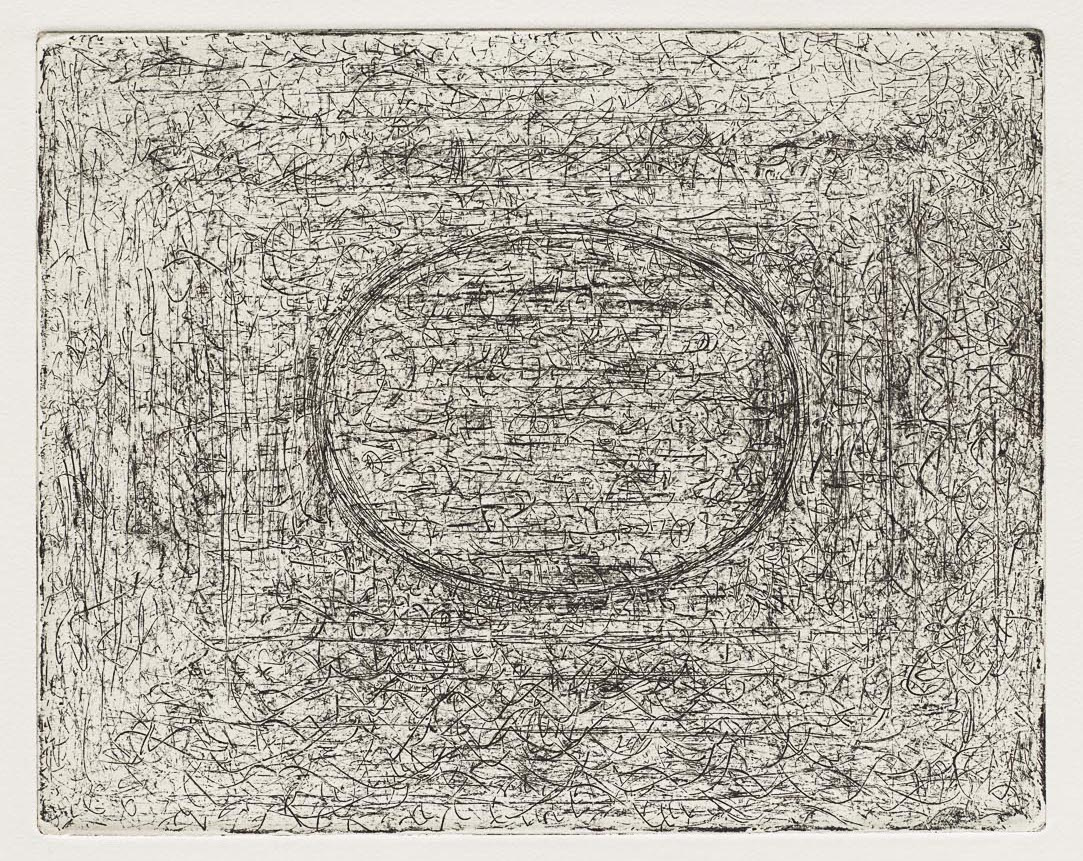 Etching of thin black lines on a white background with an oval in the center.