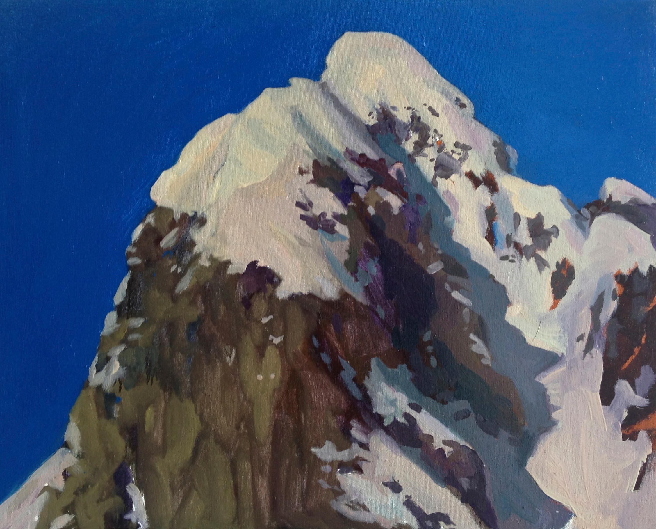 Painterly rendering of a snowy mountain top with a bright blue sky.